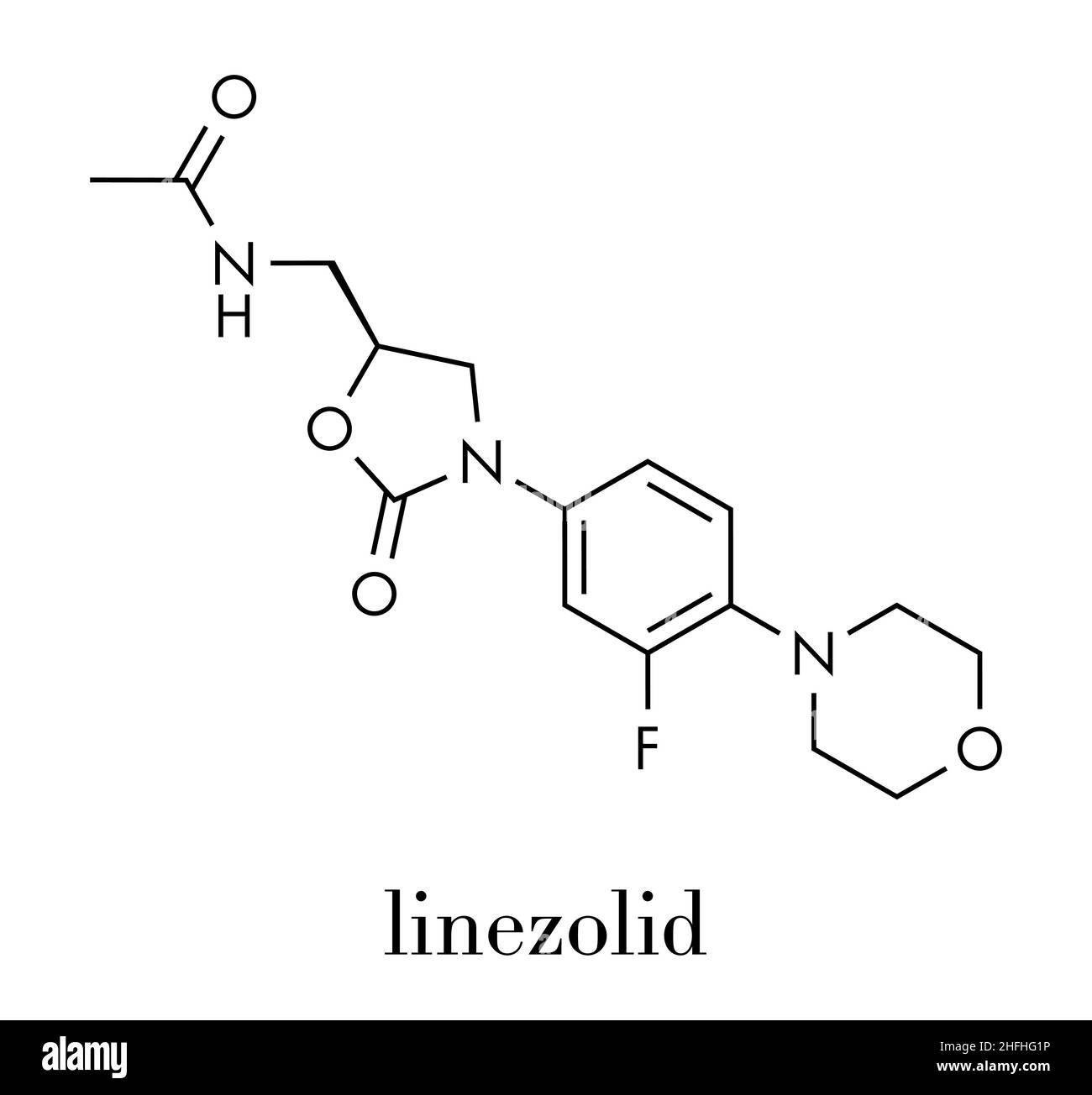 Linezolid farmaci antibiotici (ossazolidinone classe molecola). Formula di scheletro. Illustrazione Vettoriale