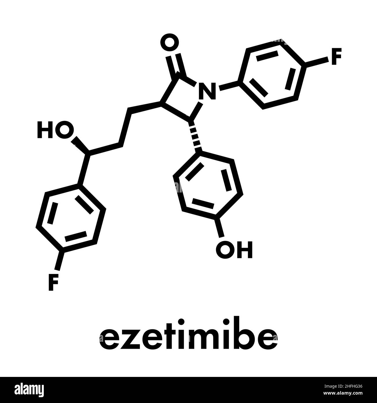 Ezetimibe molecola di farmaco che abbassa il colesterolo. Formula scheletrica. Illustrazione Vettoriale