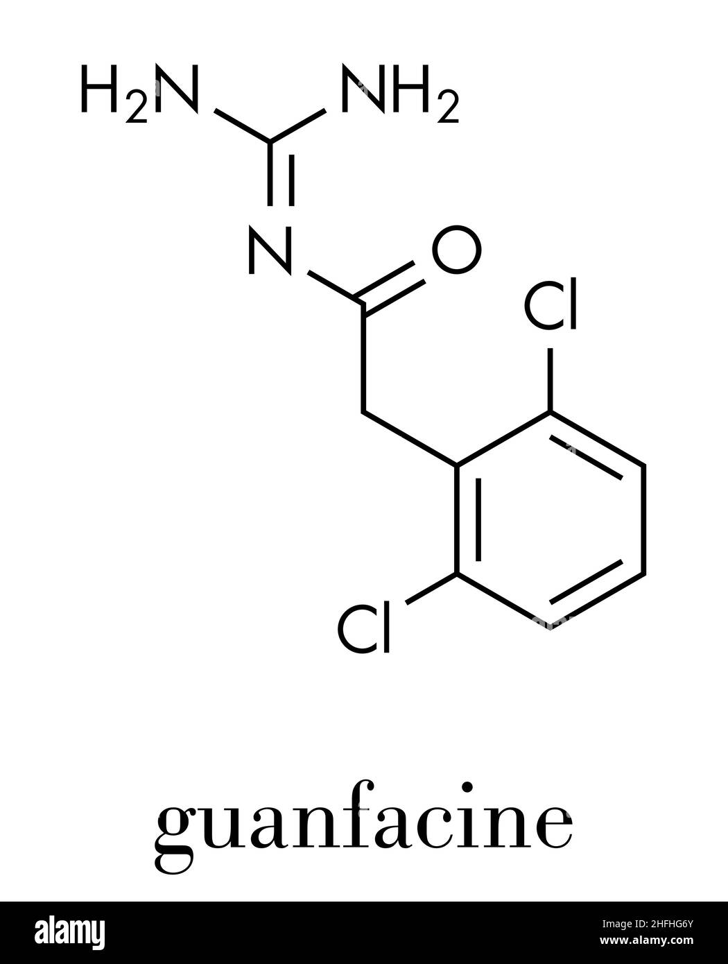 Guanfacine ADHD molecola di farmaco. Formula di scheletro. Illustrazione Vettoriale