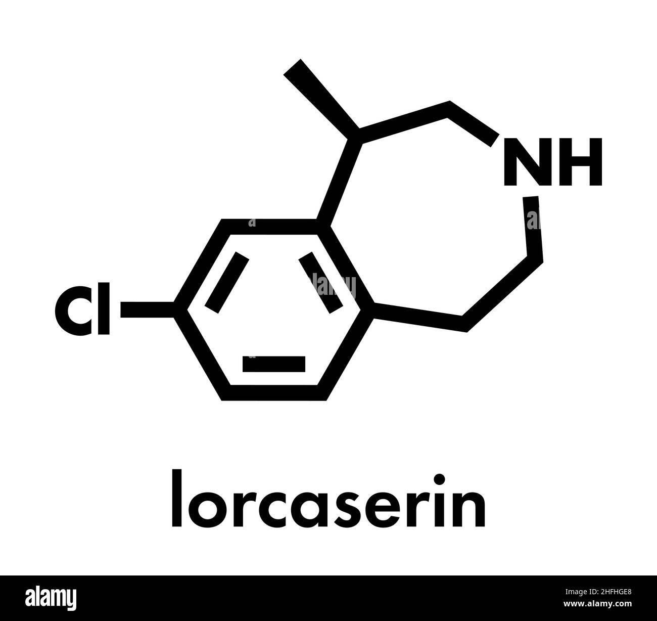 Lorcaserin molecola farmaco obesità. Formula scheletrica. Illustrazione Vettoriale