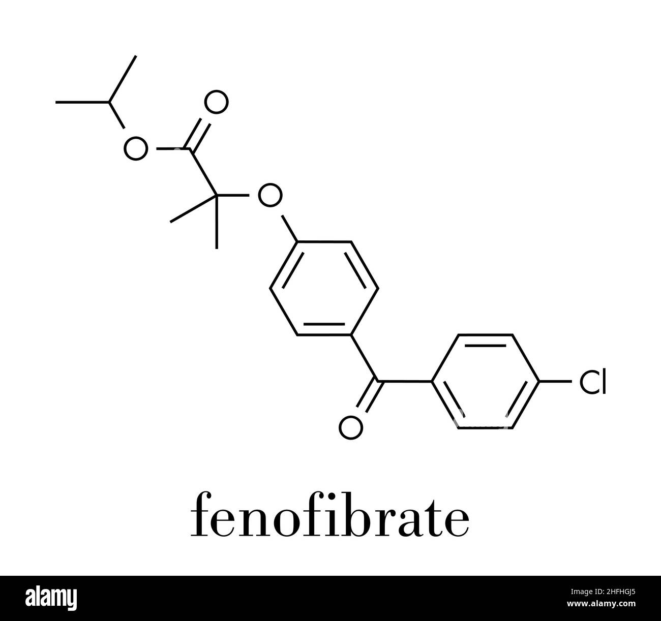 Fenofibrate Colesterolo farmaco (fibrato classe molecola). Formula di scheletro. Illustrazione Vettoriale