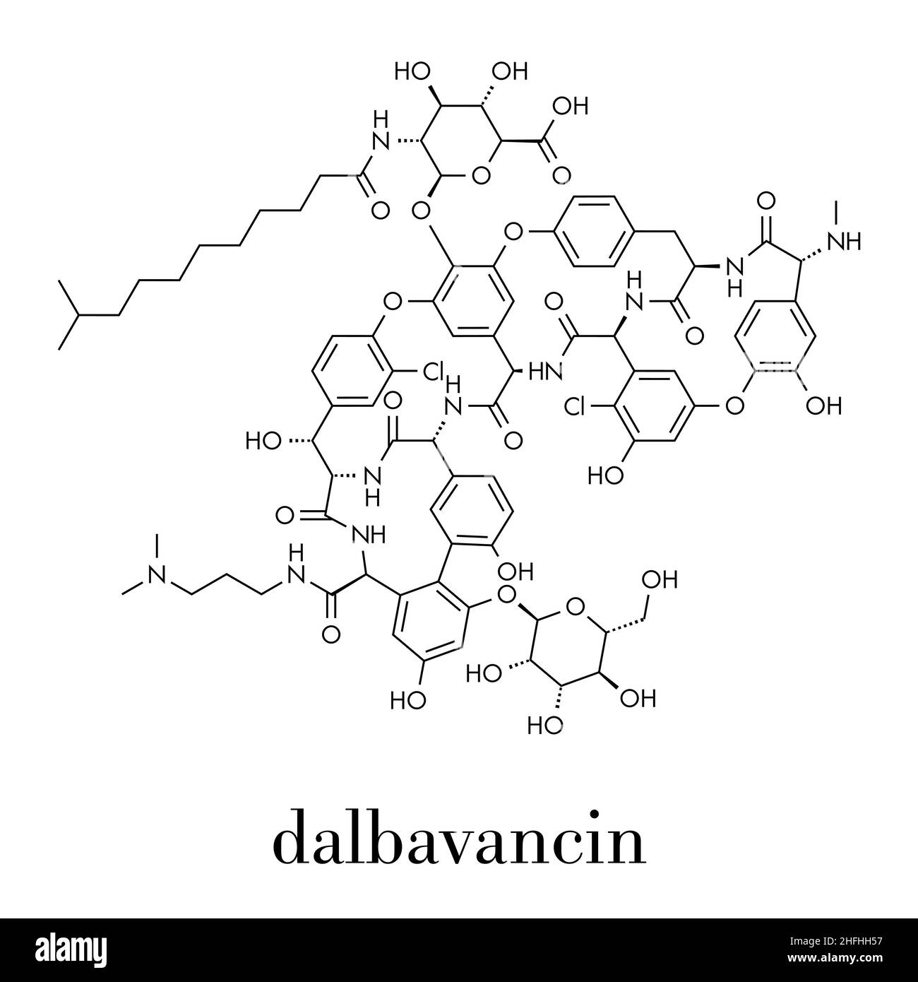 Dalbavancin glicopeptide antibiotico molecola farmaco. Usato nel trattamento delle infezioni da Staphylococcus aureus e Streptococcus pyogenes. Formula scheletrica. Illustrazione Vettoriale