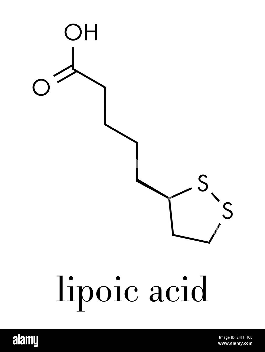 Molecola di cofattore dell'enzima dell'acido lipoico. Presente in molti supplementi nutrizionali. Si ritiene che abbiano effetti antiossidanti, anti-invecchiamento e perdita di peso. Skel Illustrazione Vettoriale