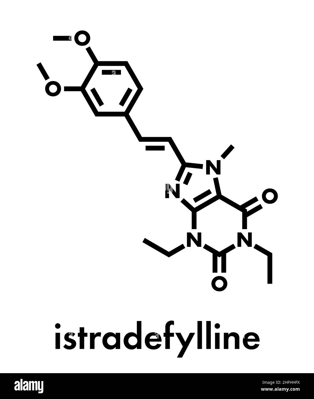 Istradefylline morbo di Parkinson molecola di farmaco. Formula di scheletro. Illustrazione Vettoriale