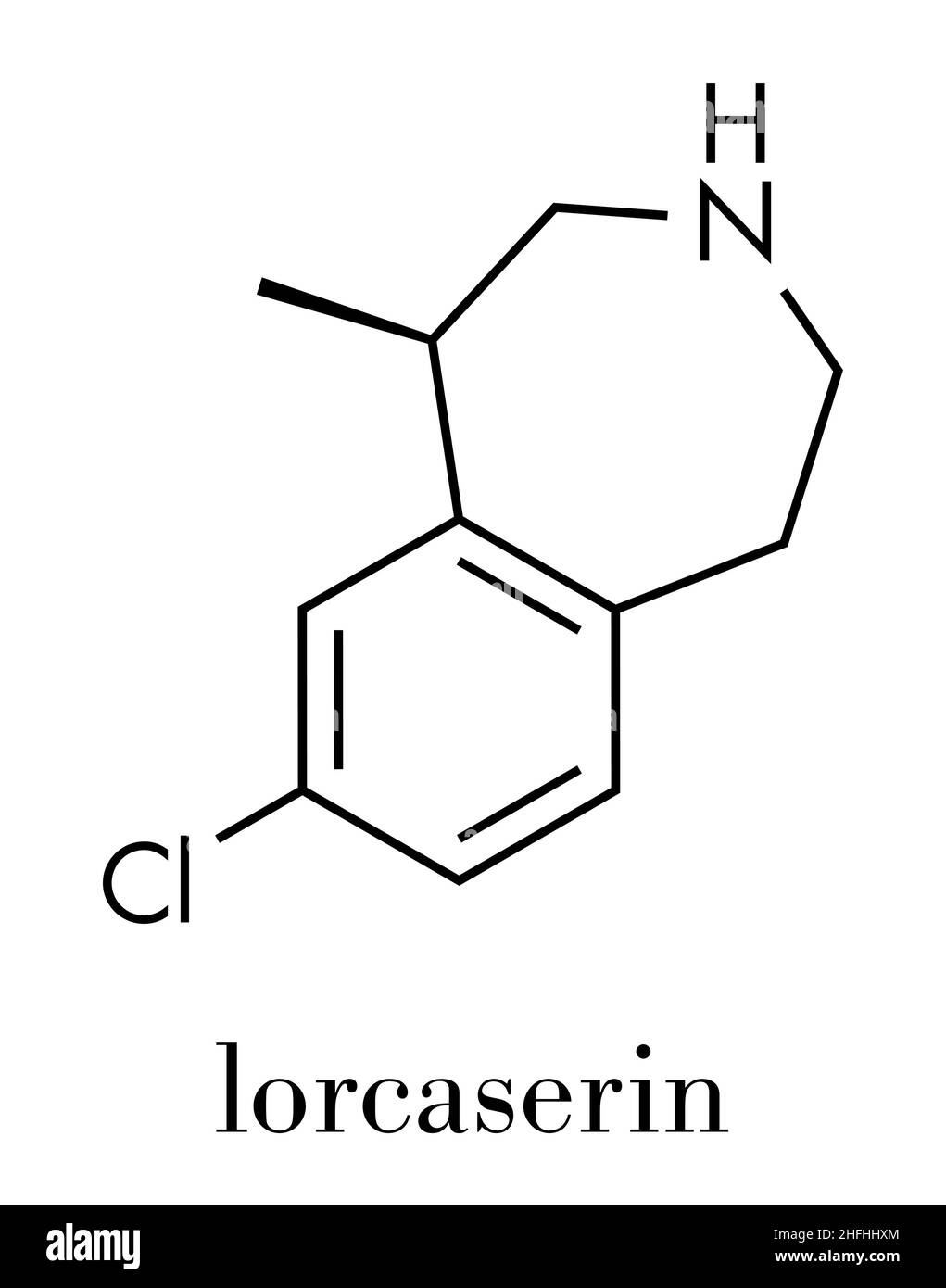 Lorcaserin molecola farmaco obesità. Formula scheletrica. Illustrazione Vettoriale