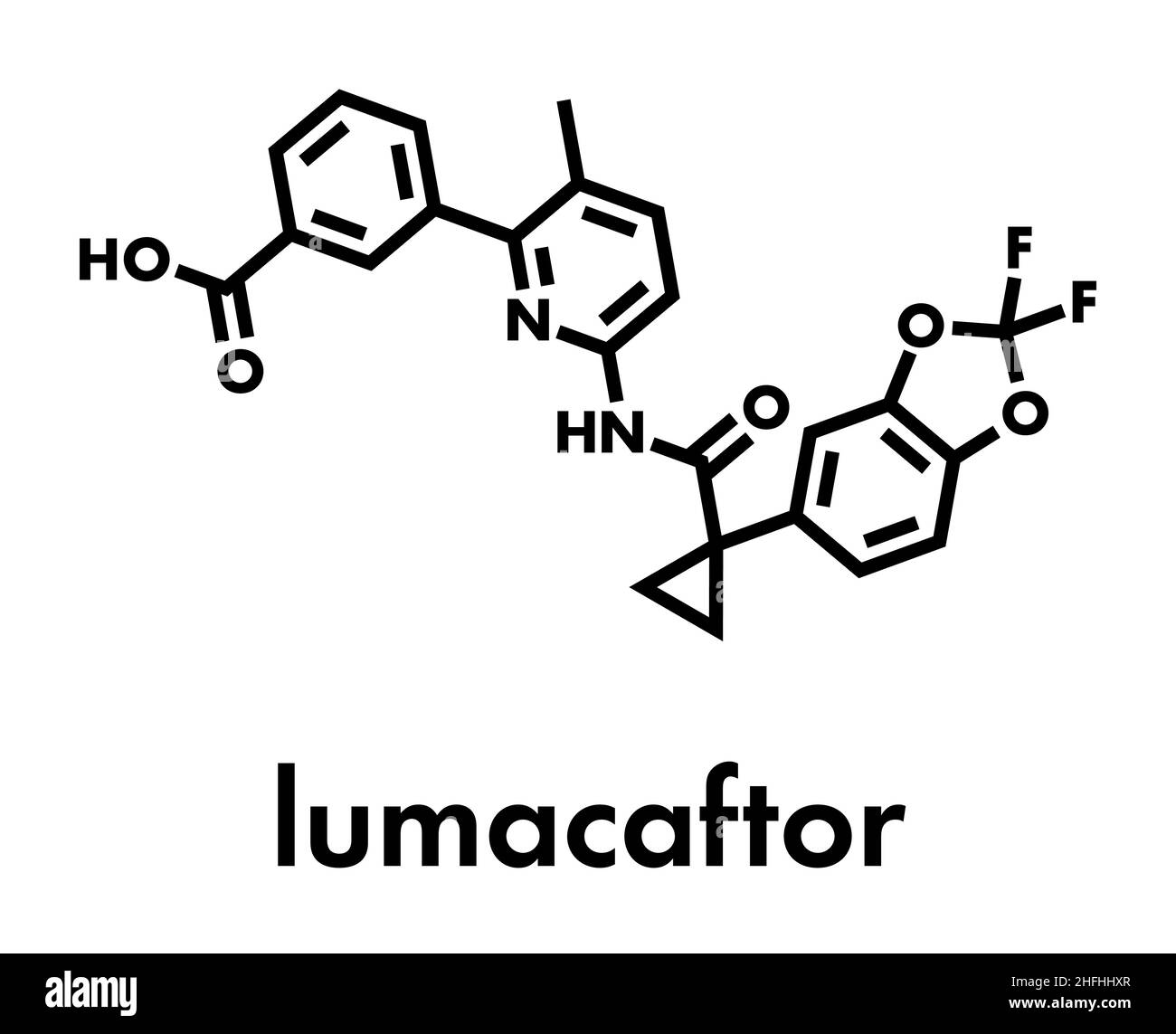 Lumacaftor fibrosi cistica molecola di farmaco. Formula di scheletro. Illustrazione Vettoriale
