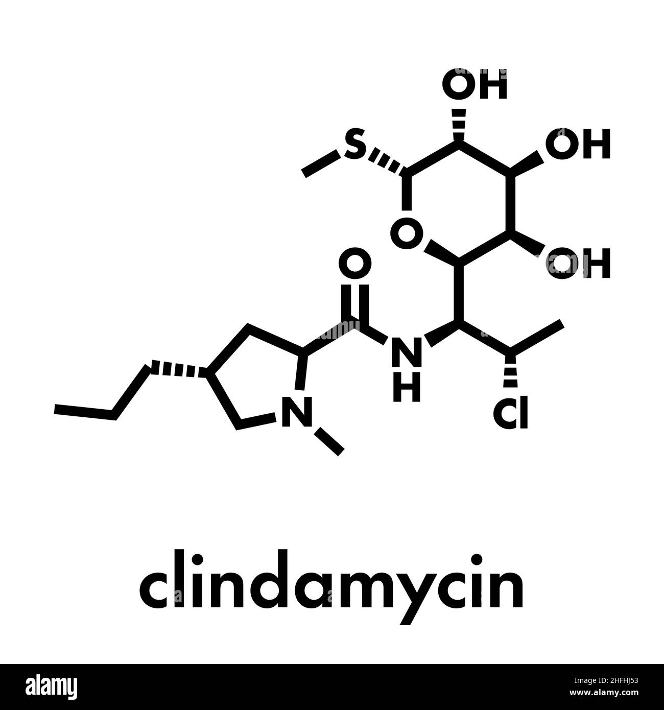 Clindamicina farmaci antibiotici (lincosamide classe molecola). Formula di scheletro. Illustrazione Vettoriale