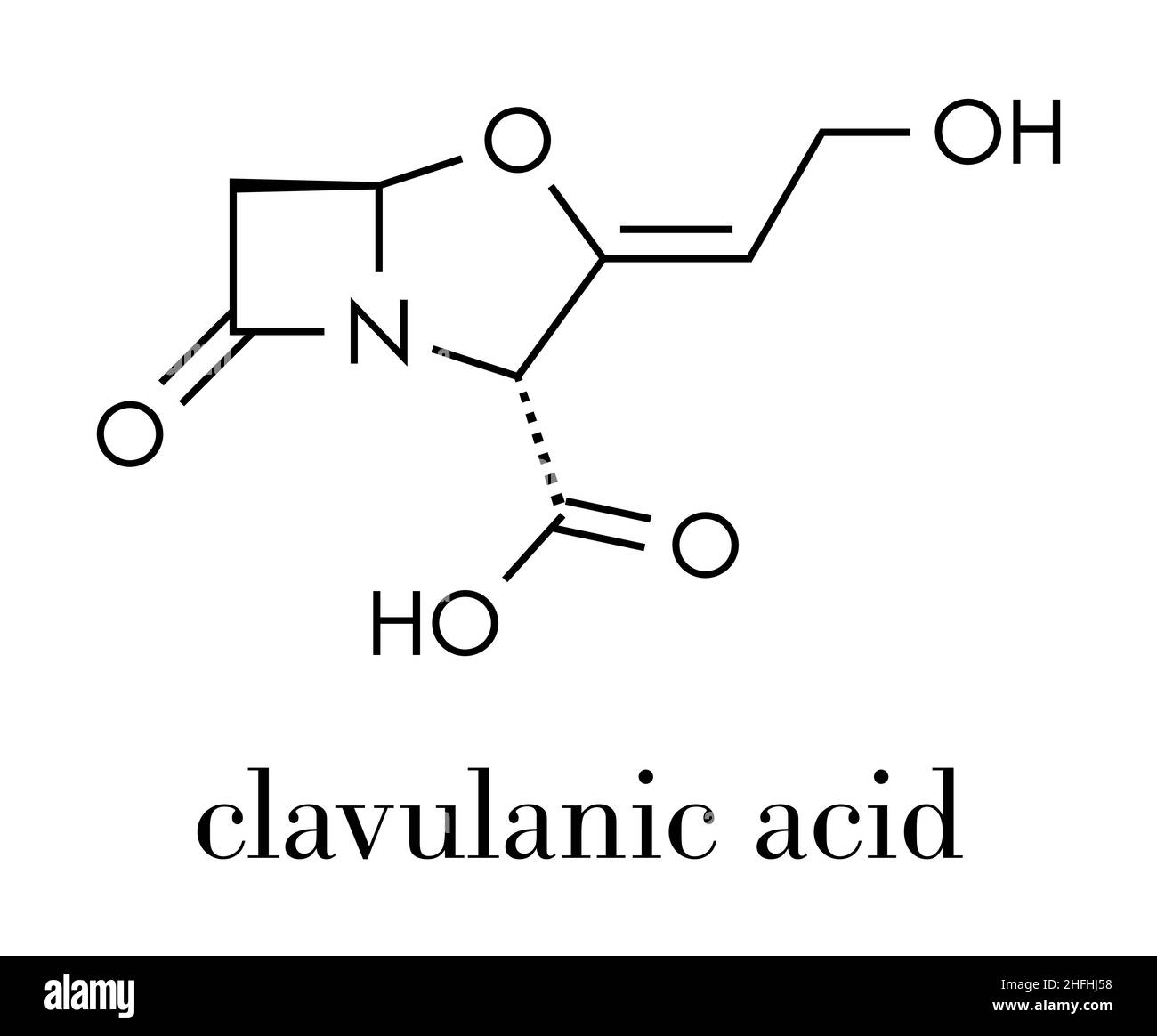 Acido clavulanico beta-lattamasi blocker molecola di farmaco. Spesso combinata con beta-lattamici classe di antibiotici. Formula di scheletro. Illustrazione Vettoriale