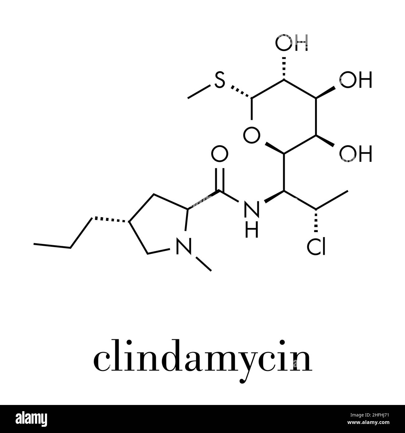 Clindamicina farmaci antibiotici (lincosamide classe molecola). Formula di scheletro. Illustrazione Vettoriale