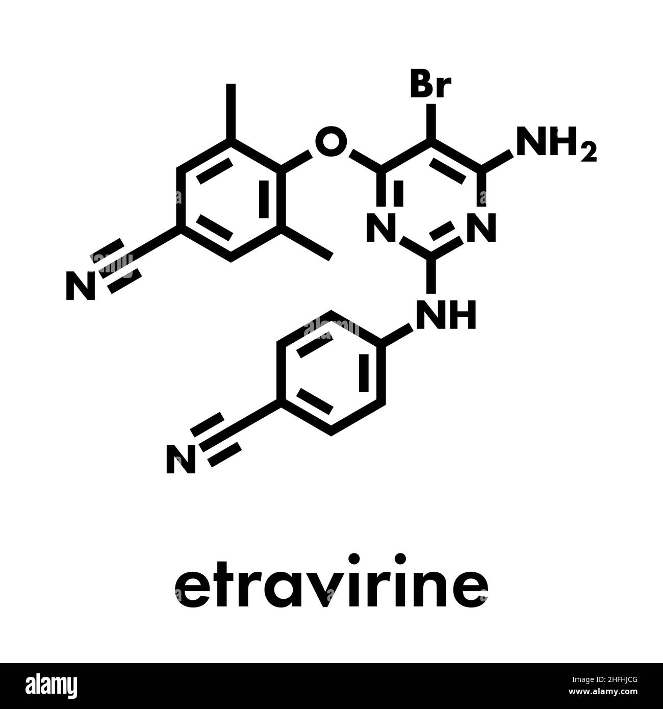 Molecola di farmaco dell'HIV di Etravirina (inibitore non nucleosidico della transcriptasi inversa). Formula scheletrica. Illustrazione Vettoriale