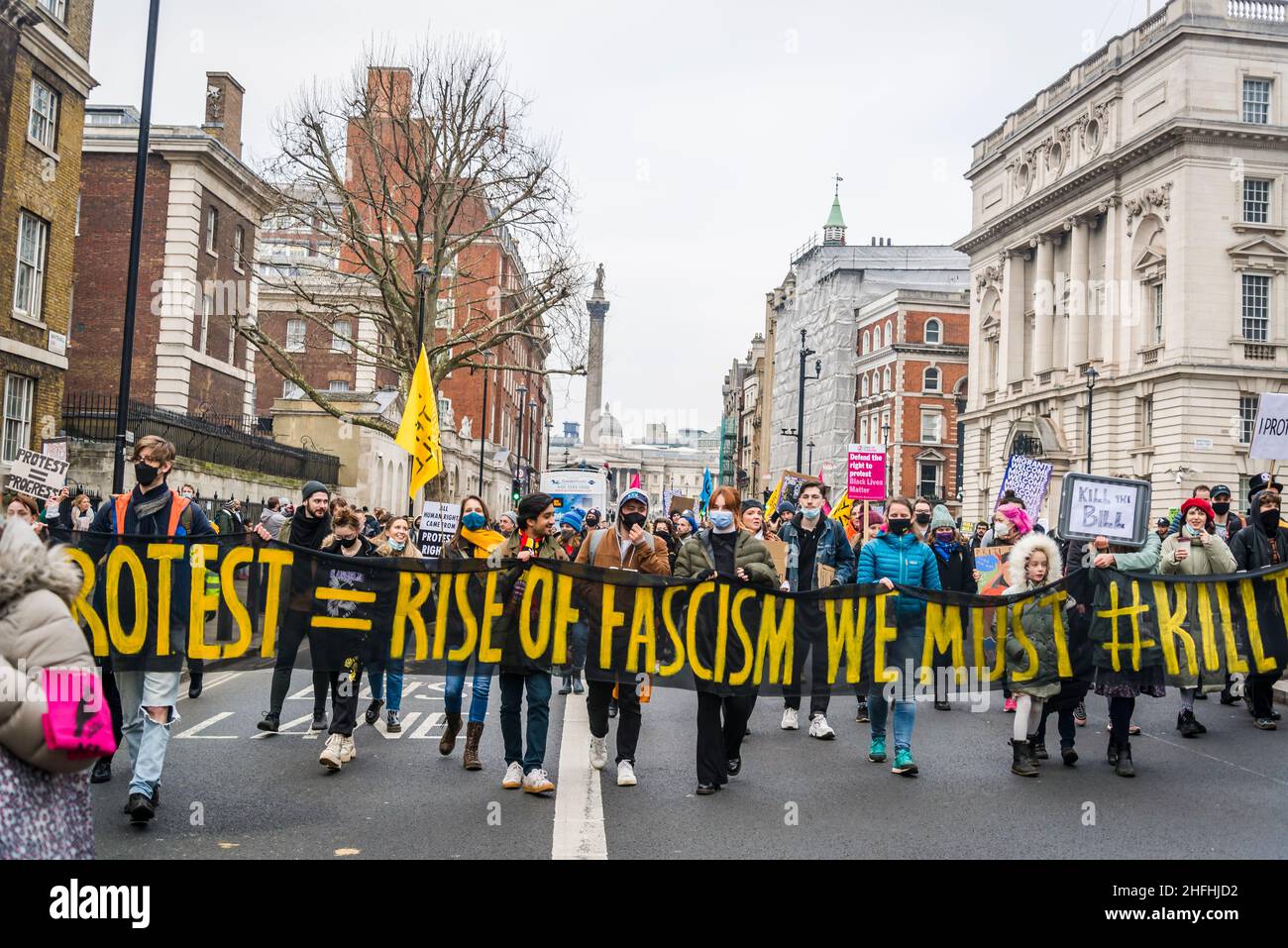 Manifestazione "uccidere il Bill” nel centro di Londra prima di un voto alla Camera dei Lord. Il disegno di legge sulla polizia, il crimine, le condanne e i tribunali minaccia il diritto di protestare. Londra, Inghilterra, Regno Unito 15.01.2022 Foto Stock