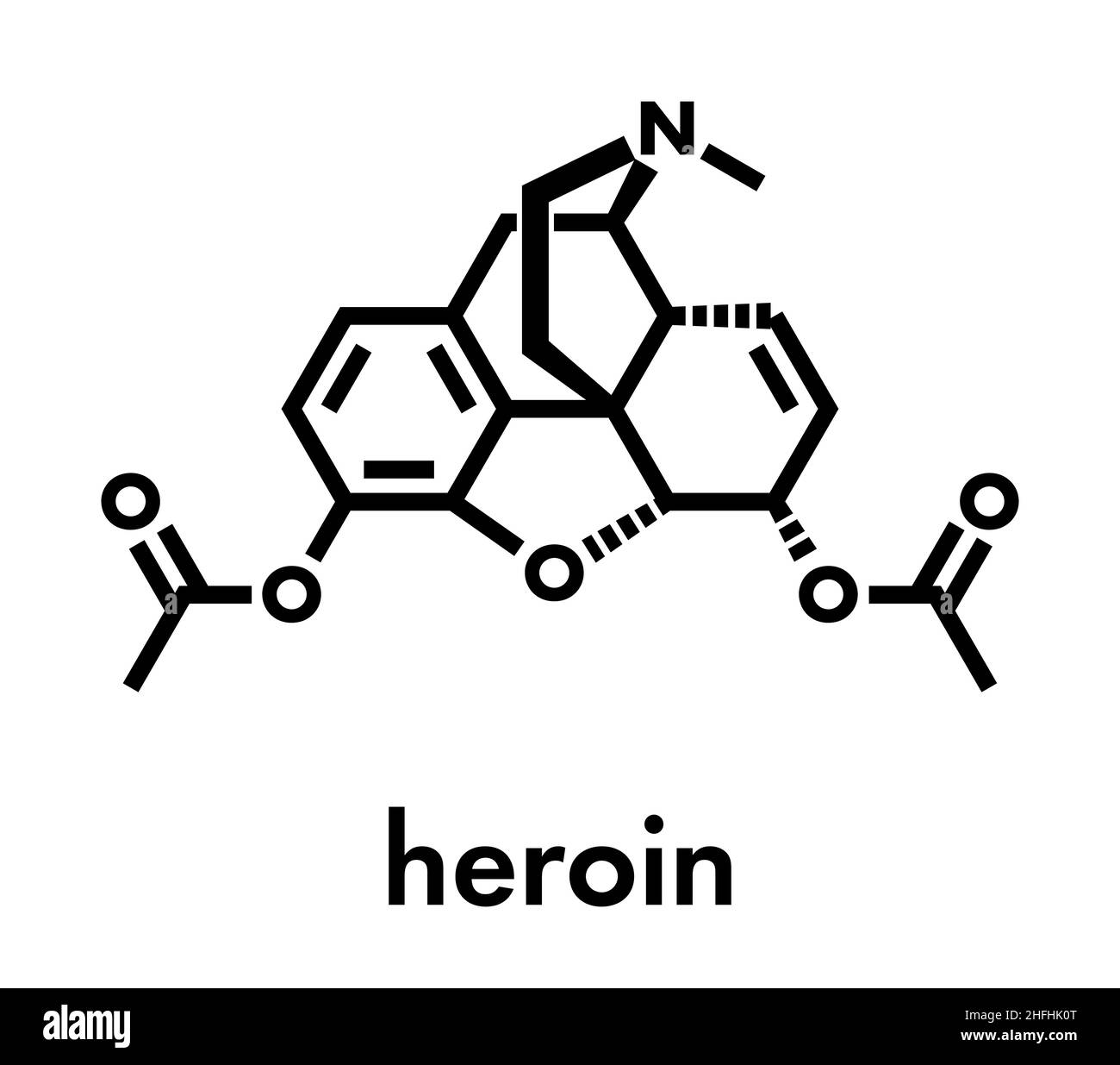 Eroina (diacetylmorphine, morfina, diacetato di diamorfina) oppioide molecola di farmaco. Formula di scheletro. Illustrazione Vettoriale