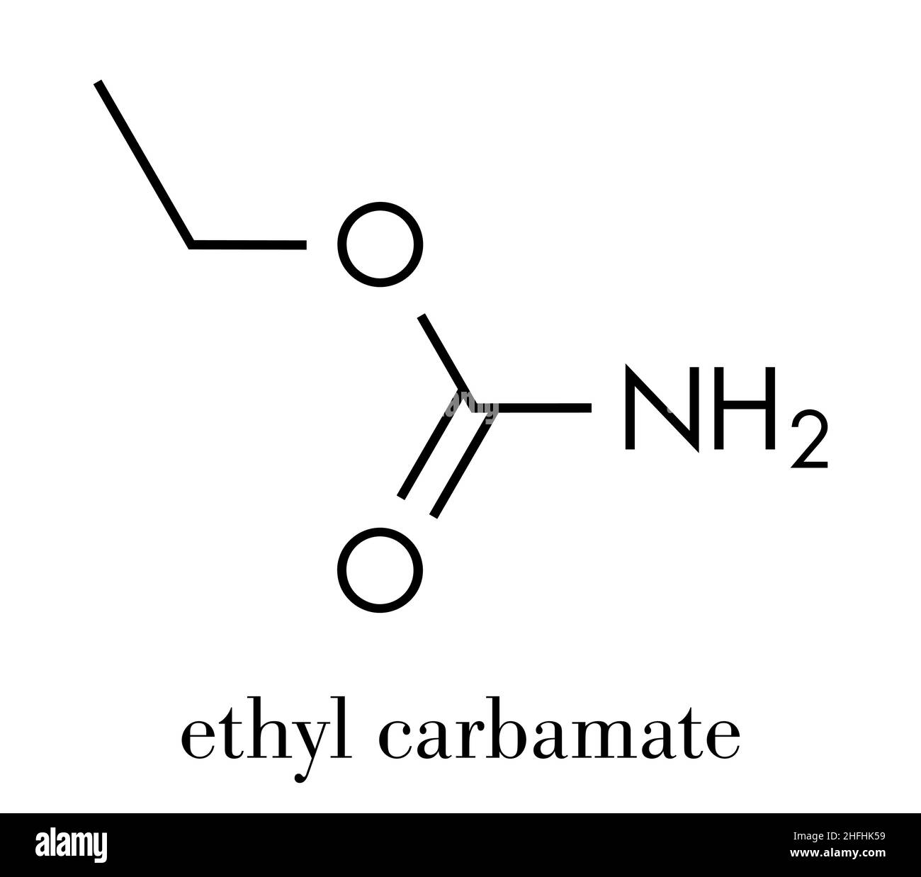 Molecola cancerogena di carbammato di etile. Presente in alimenti e bevande fermentati e soprattutto in bevande distillate. Formula scheletrica. Illustrazione Vettoriale