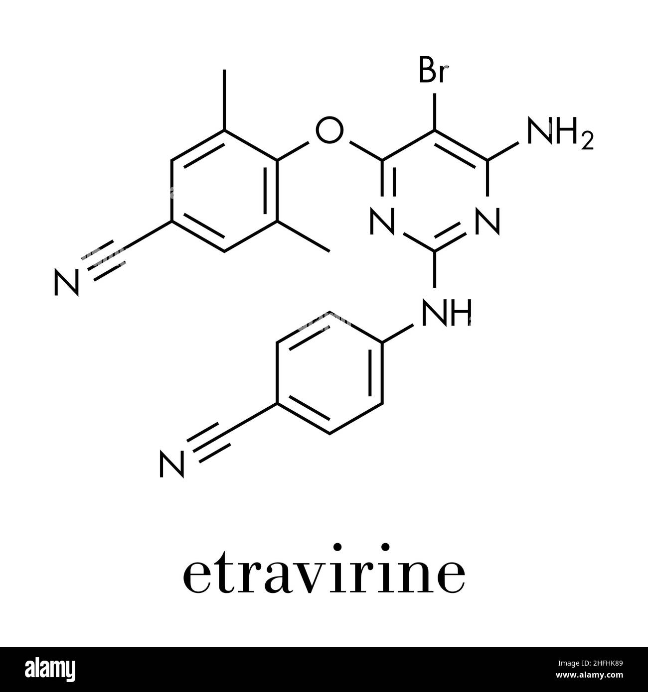 Molecola di farmaco dell'HIV di Etravirina (inibitore non nucleosidico della transcriptasi inversa). Formula scheletrica. Illustrazione Vettoriale