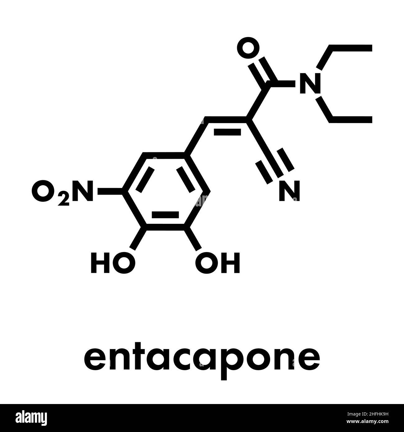 Entacapone morbo di Parkinson molecola di farmaco. Formula di scheletro. Illustrazione Vettoriale