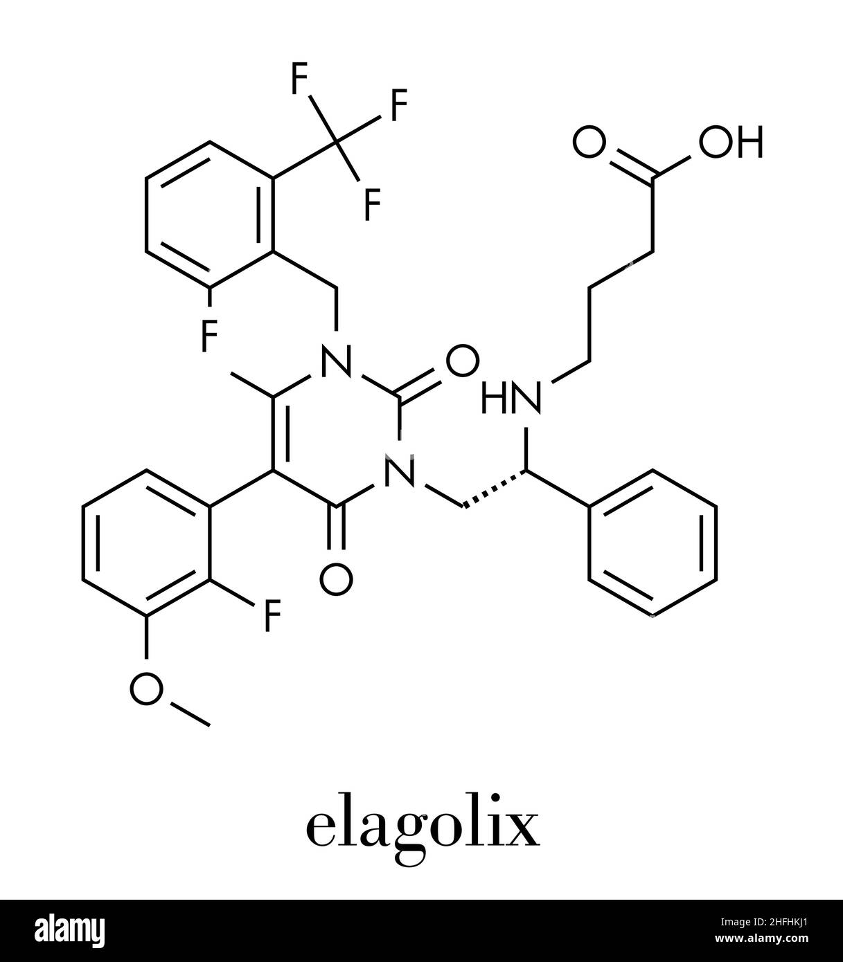 Elagolix molecola di farmaco (di ormone di rilascio di gonadotropina antagonista del recettore). Formula di scheletro. Illustrazione Vettoriale