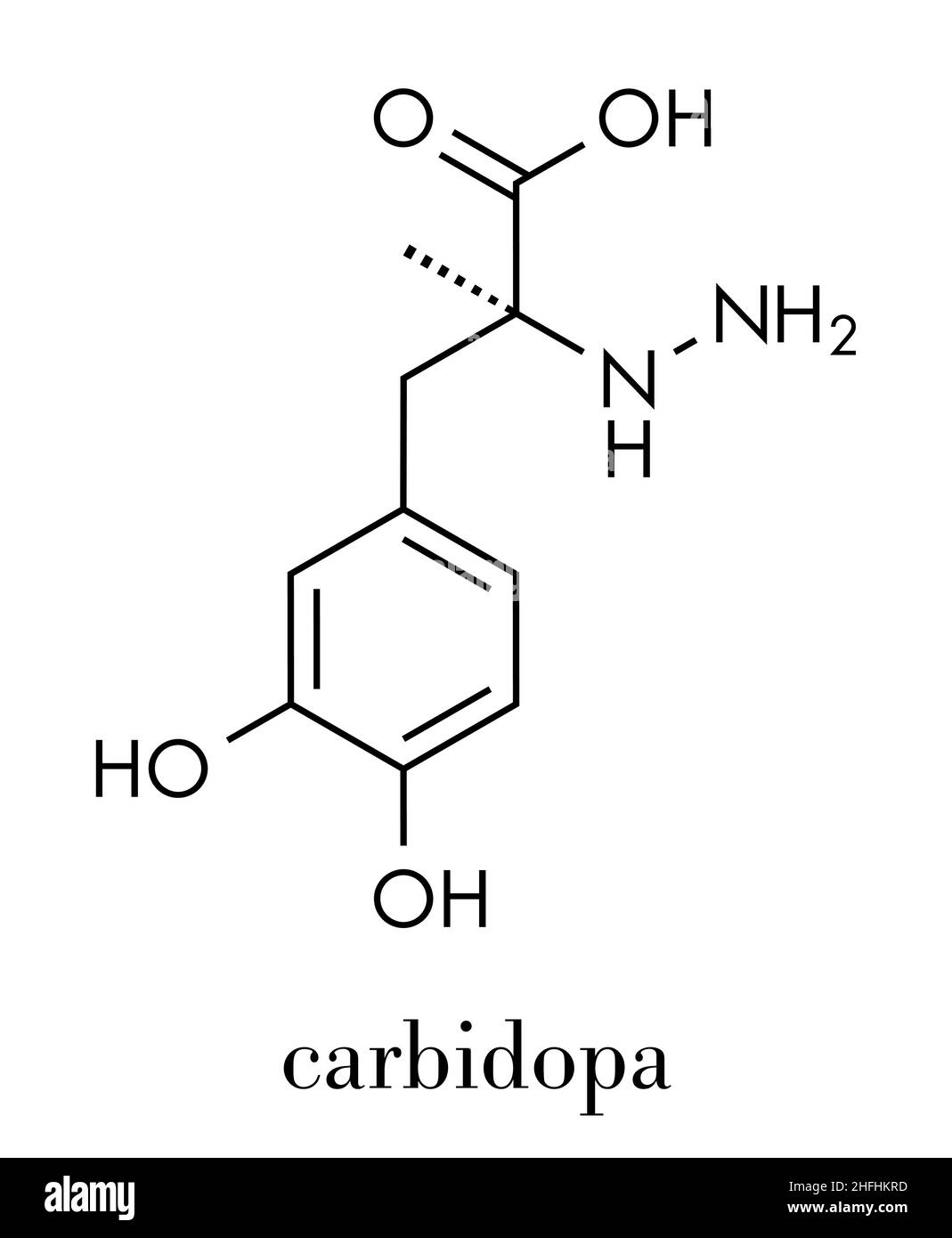Carbidopa morbo di Parkinson farmaco. Previene la rottura periferica della levodopa, consentendo a una maggiore quantità di L-DOPA di raggiungere il cervello. Formula scheletrica. Illustrazione Vettoriale