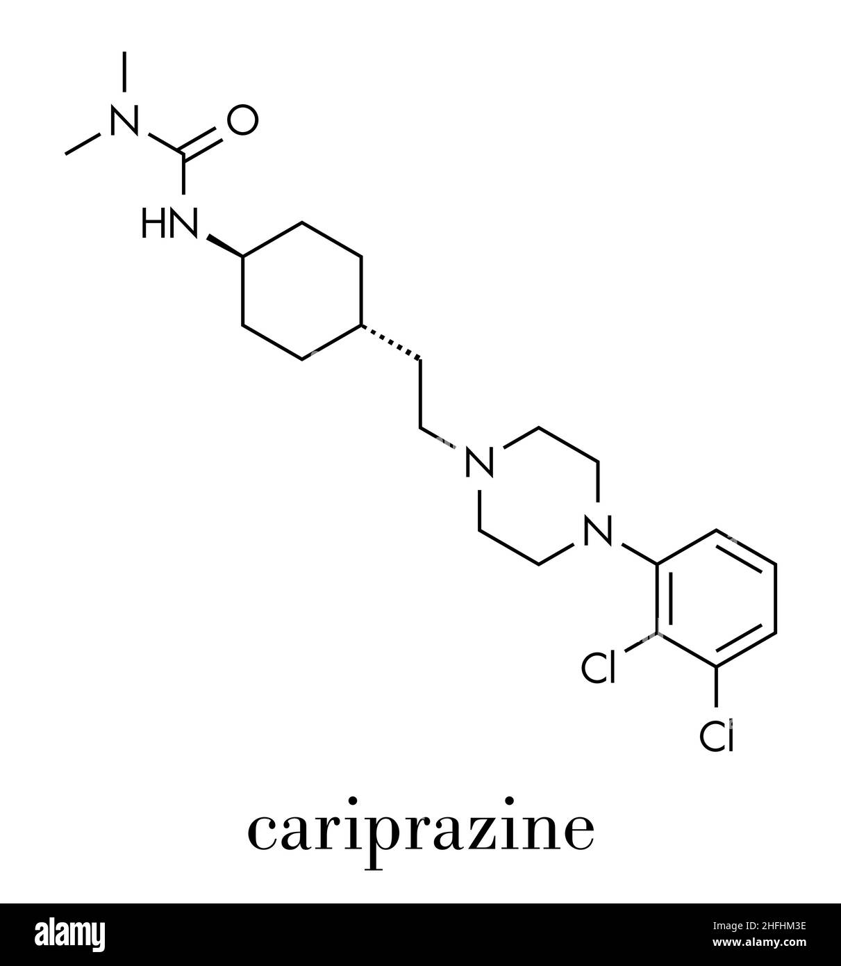 Cariprazine farmaco antipsicotico molecola. Formula di scheletro. Illustrazione Vettoriale