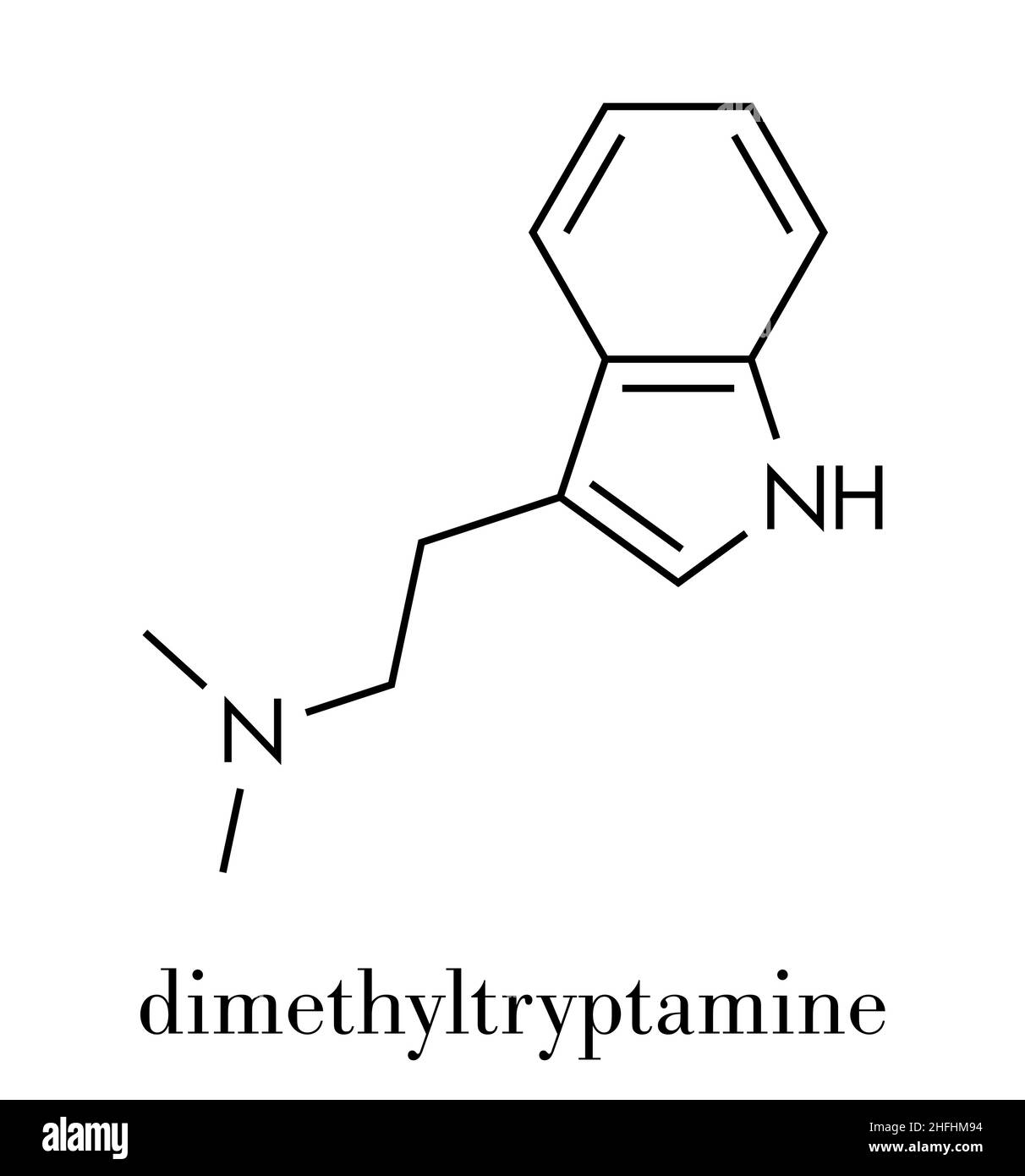 Dimetiltriptamina (DMT) psichedelico molecola di farmaco. Presente nella bevanda ayahuasca. Formula di scheletro. Illustrazione Vettoriale
