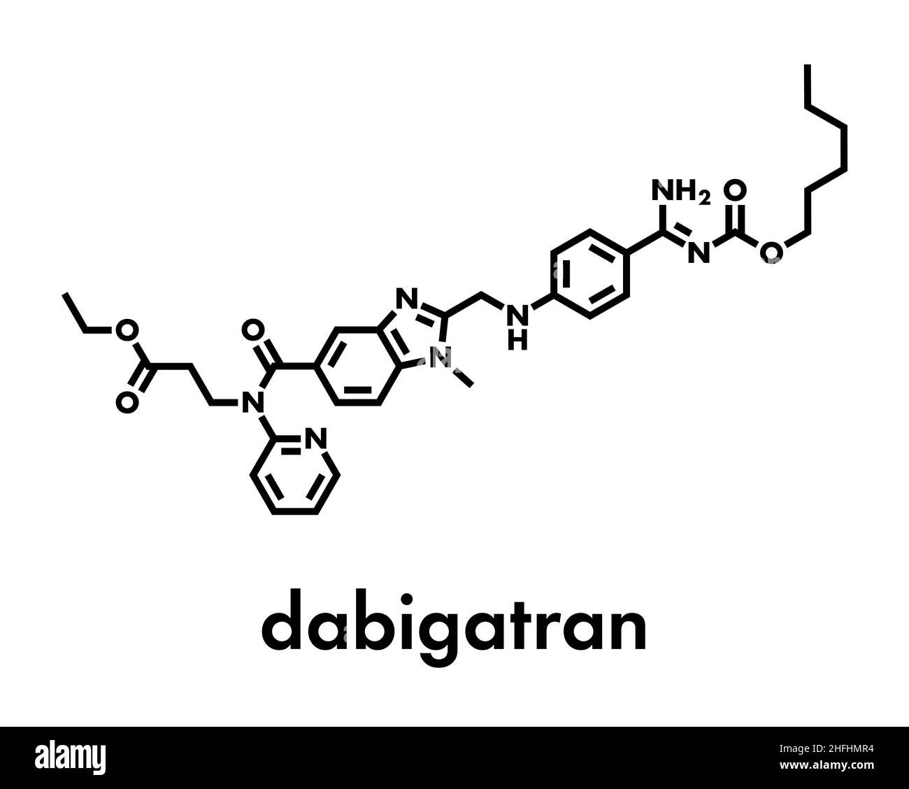 Dabigatran farmaco anticoagulante (diretto inibitore della trombina molecola). Formula di scheletro. Illustrazione Vettoriale