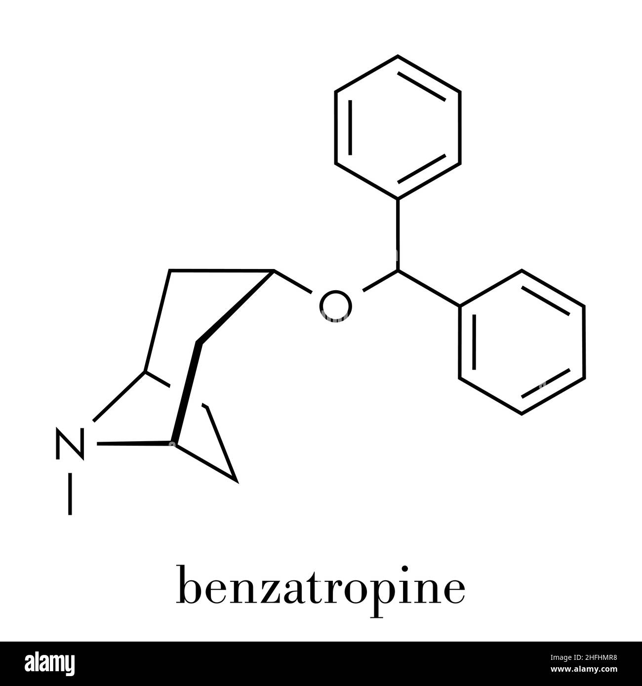 Benzatropina (benztropina) molecola anticolinergica. Usato nel trattamento del morbo di Parkinson e del Parkinsonismo. Formula scheletrica. Illustrazione Vettoriale