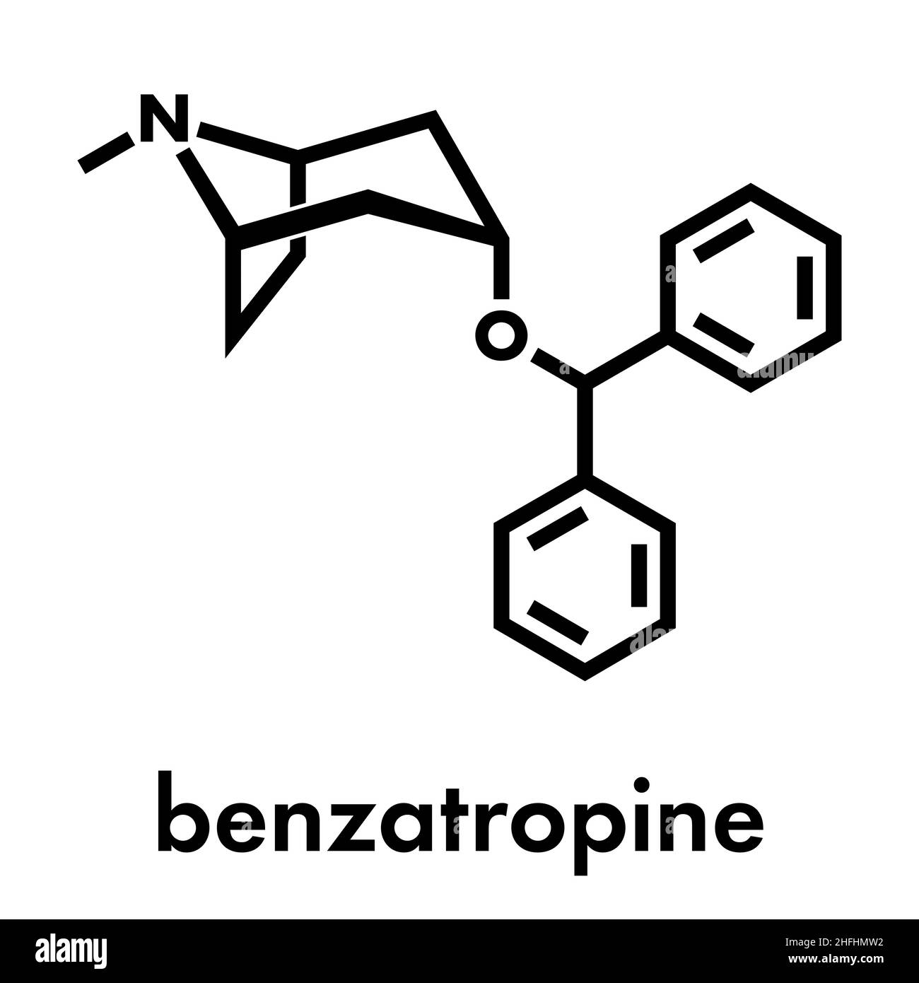 Benzatropina (benztropina) molecola anticolinergica. Usato nel trattamento del morbo di Parkinson e del Parkinsonismo. Formula scheletrica. Illustrazione Vettoriale
