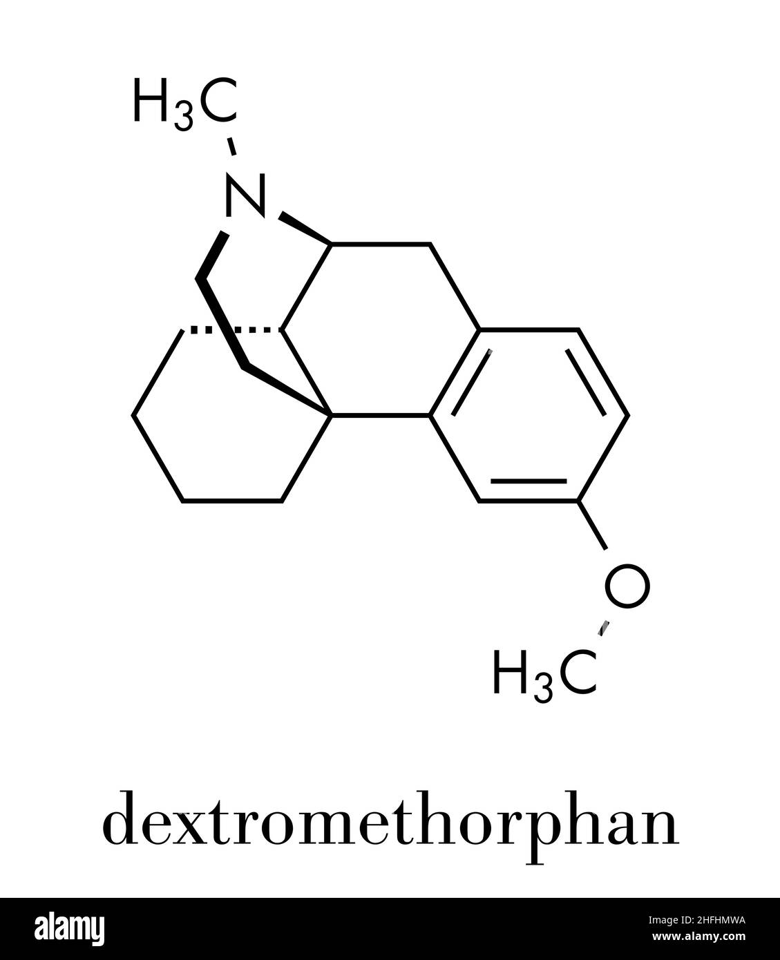 Destrometorfano soppressore della tosse (farmaci antitosse molecola). Formula di scheletro. Illustrazione Vettoriale