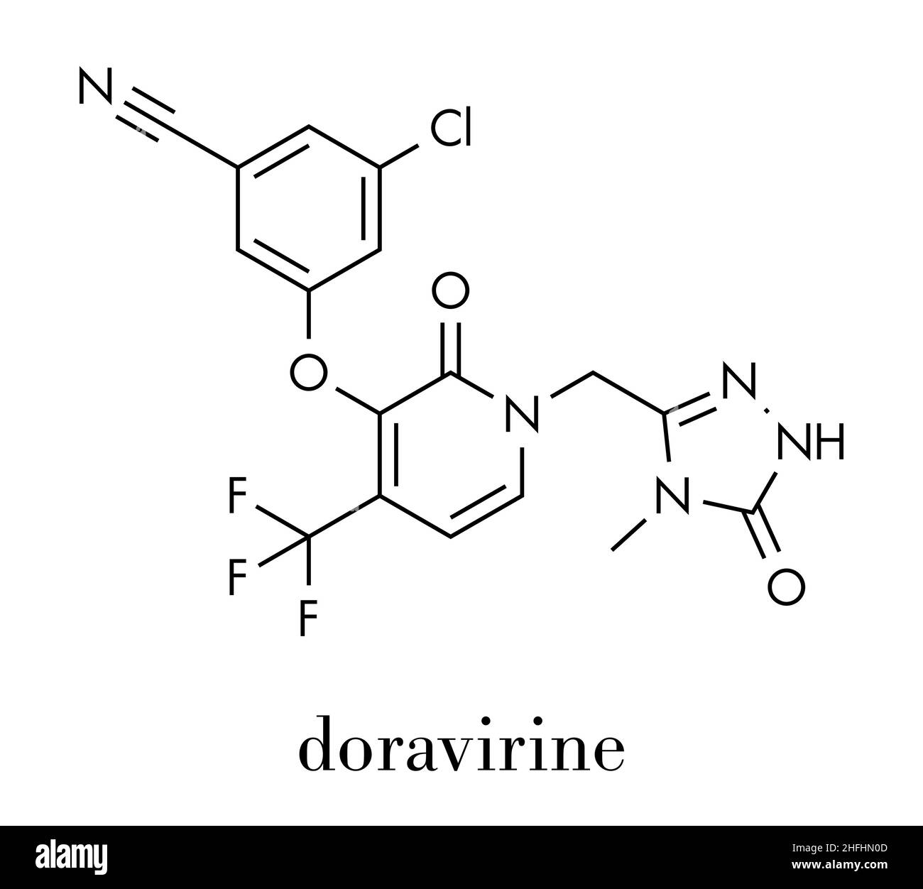 HIV Doravirine molecola di farmaco (non-nucleosidici inibitori della trascrittasi inversa). Formula di scheletro. Illustrazione Vettoriale