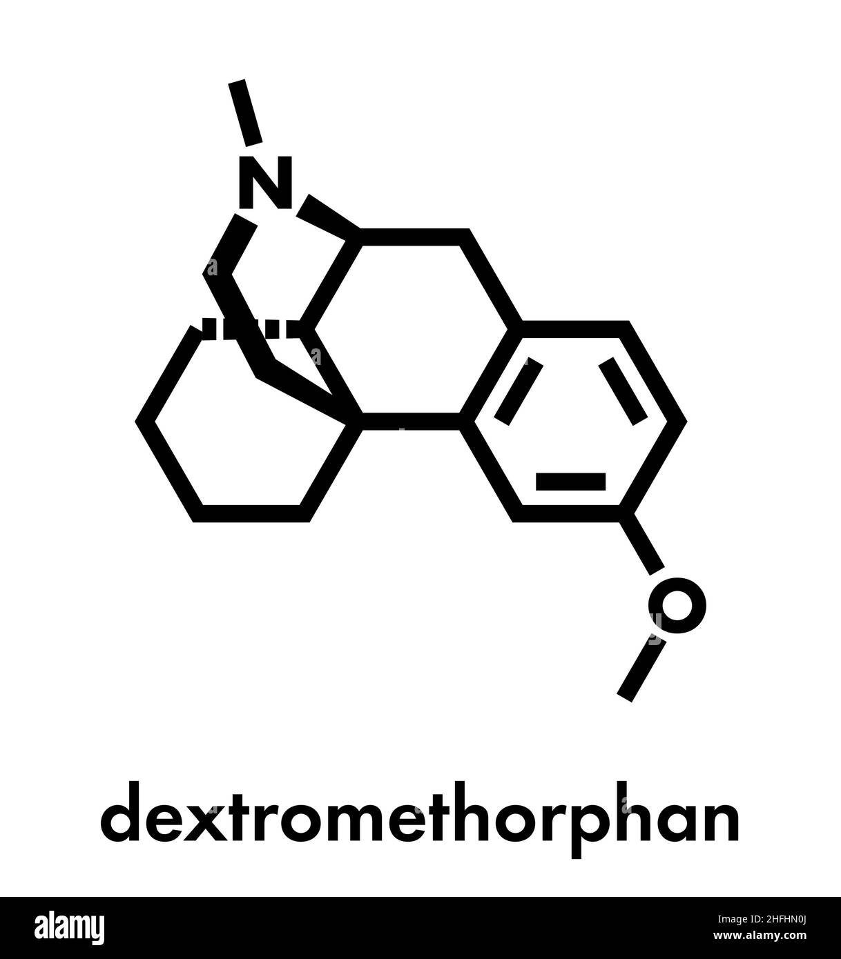 Destrometorfano soppressore della tosse (farmaci antitosse molecola). Formula di scheletro. Illustrazione Vettoriale