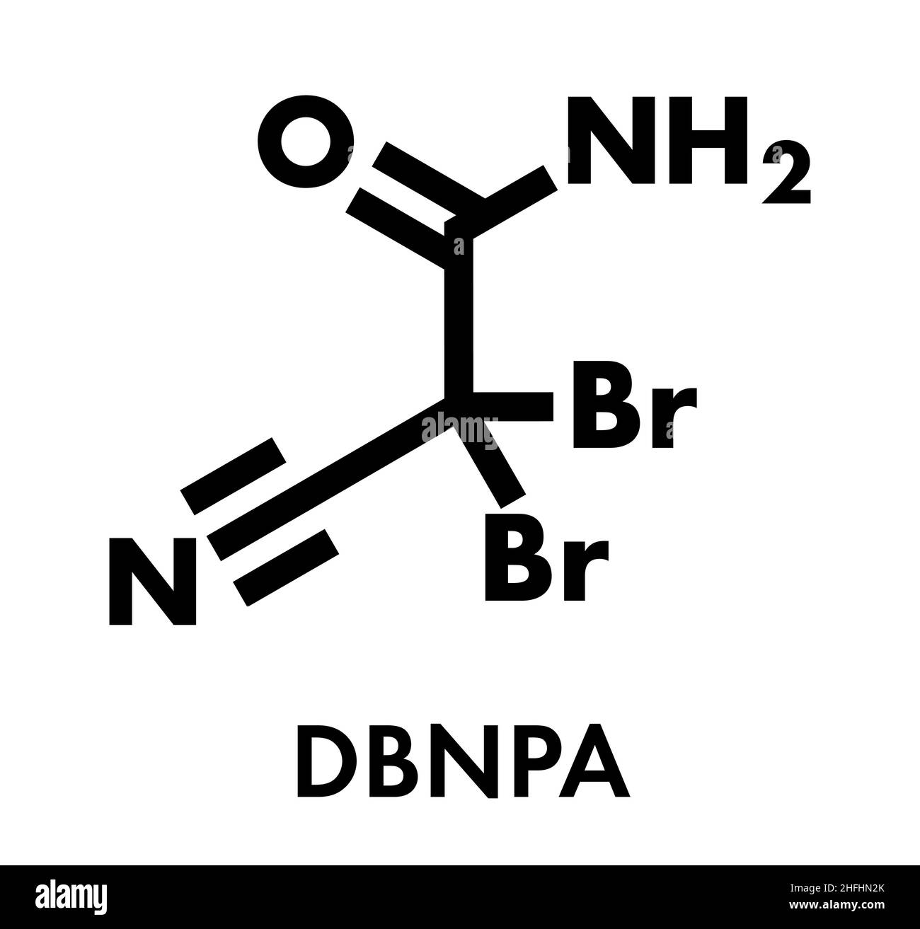 DBNPA (2,2-dibromo-3-nitrilopropionamide) biocida, struttura chimica. Quick-kill biocida che rapidamente si scompone in acqua. Formula di scheletro. Illustrazione Vettoriale