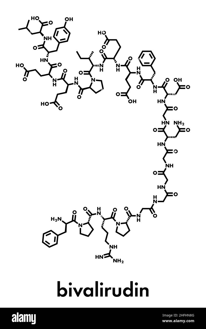 Bivalirudina farmaco anticoagulante molecola (diretto inibitore della trombina). Formula di scheletro. Illustrazione Vettoriale