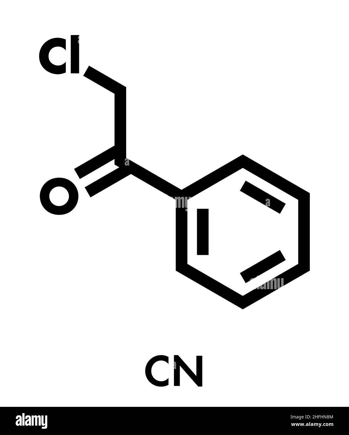 Cloruro di fenacile (CN) gas lacrimogeni molecola. Formula di scheletro. Illustrazione Vettoriale