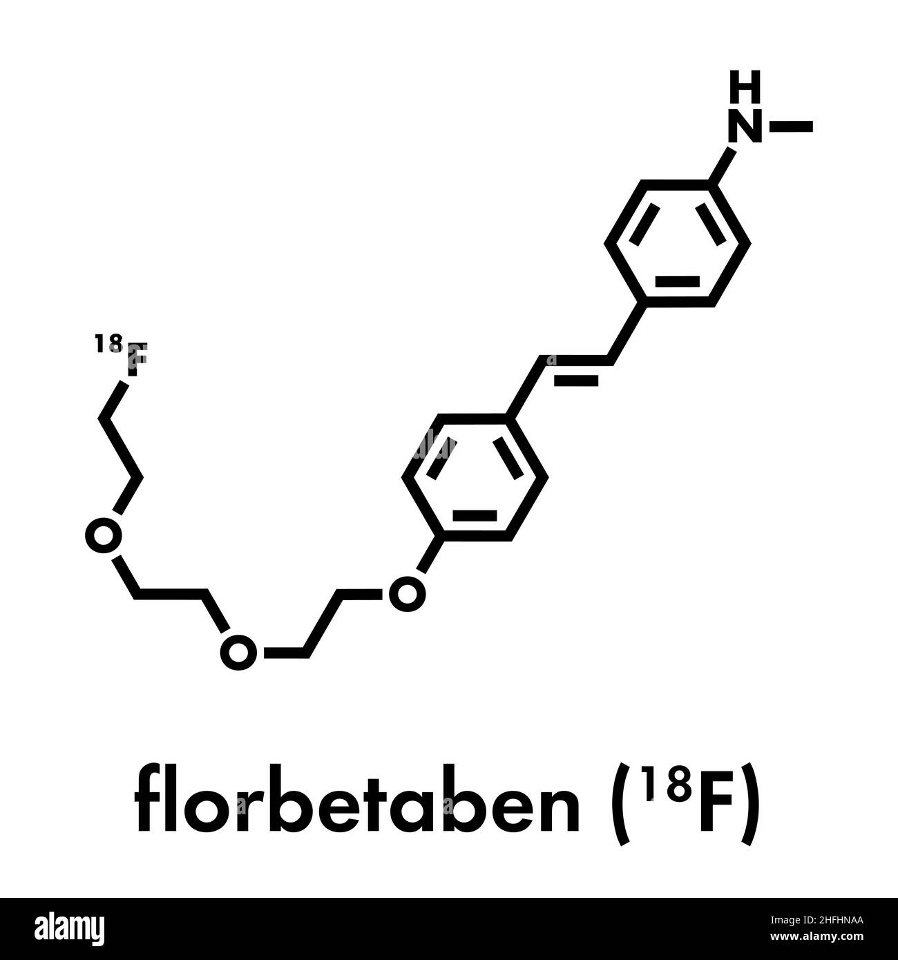 Molecola radiofarmaceutica di Florbetaben. Utilizzato per l'imaging di placche beta-amiloidi nel morbo di Alzheimer da parte del PET. Formula scheletrica. Illustrazione Vettoriale