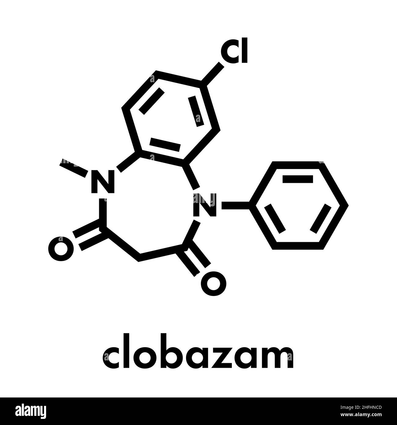 Clobazam epilessia molecola di farmaco. Formula di scheletro. Illustrazione Vettoriale