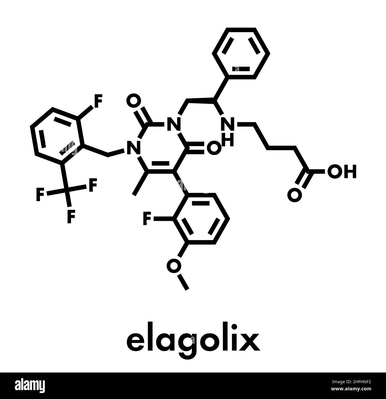 Elagolix molecola di farmaco (di ormone di rilascio di gonadotropina antagonista del recettore). Formula di scheletro. Illustrazione Vettoriale