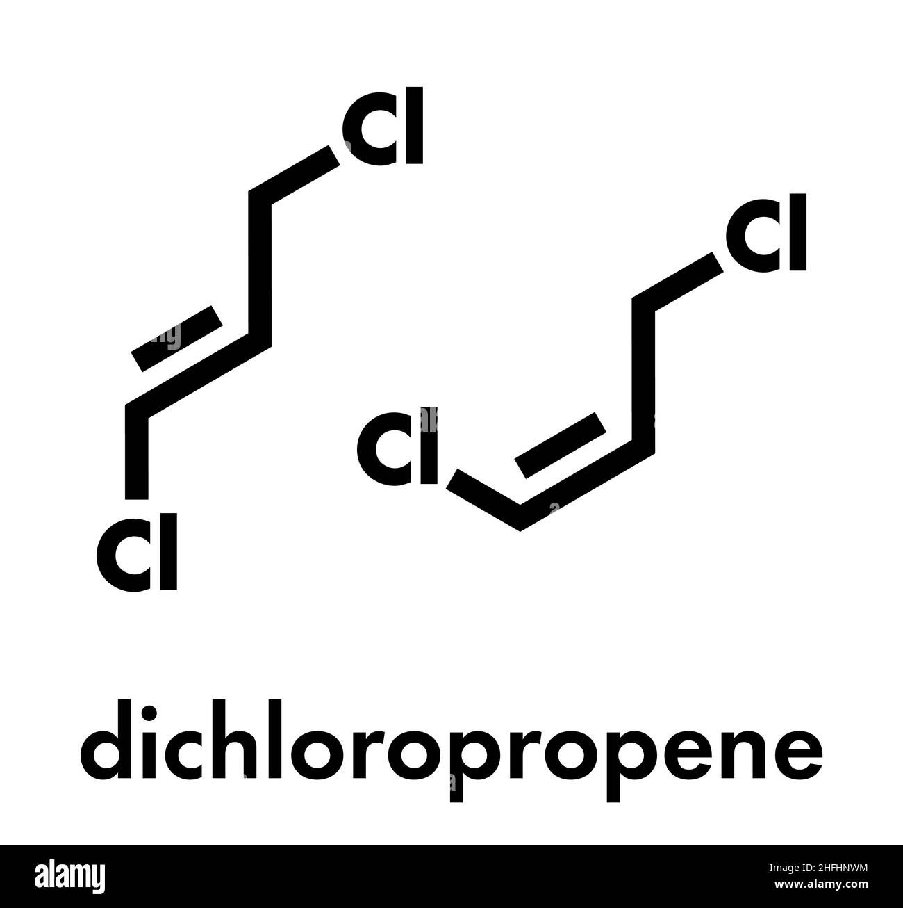 1,3-dicloropropene (dicloropropene) molecola di antiparassitari. Formula di scheletro. Illustrazione Vettoriale