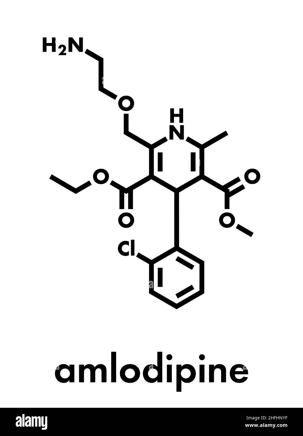 Amlodipina ipertensione (alta pressione sanguigna) molecola di farmaco. Formula di scheletro. Illustrazione Vettoriale