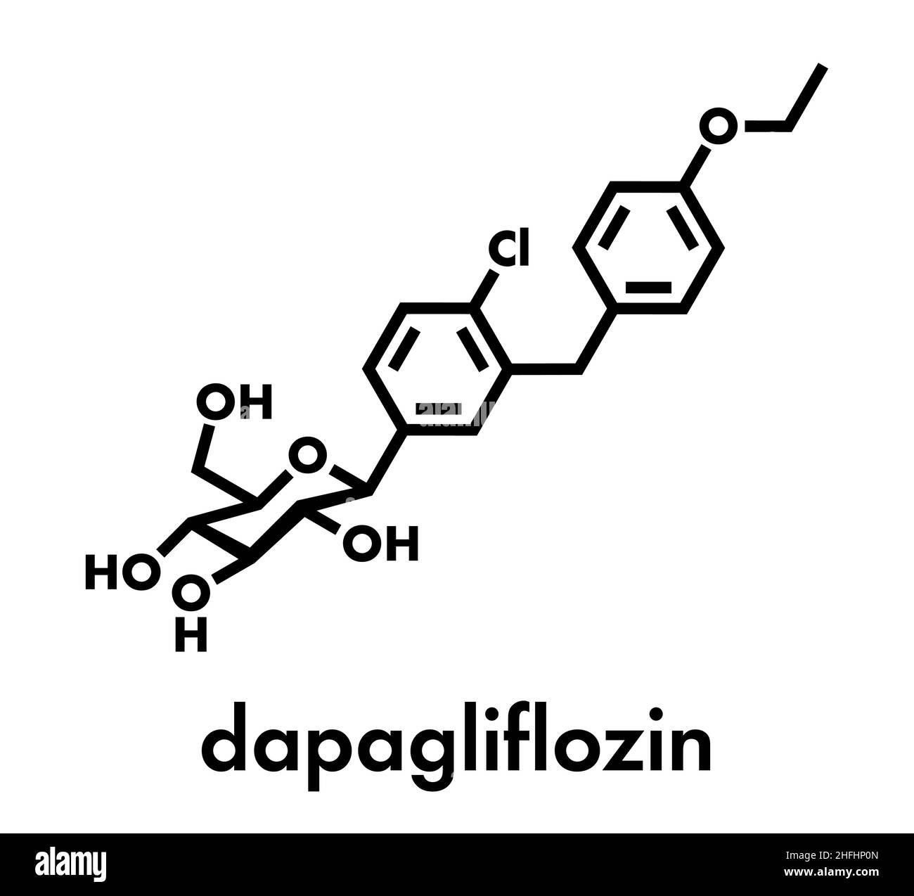 Dapagliflozin molecola farmaco diabete. Inibitore delle proteine di trasporto sodio-glucosio sottotipo 2 (SGLT2). Formula scheletrica. Illustrazione Vettoriale