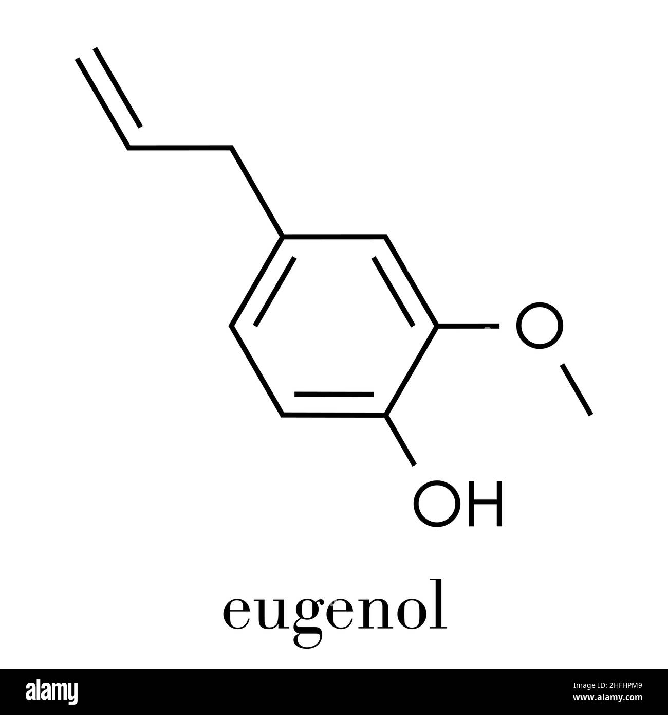 Eugenolo di olio essenziale erboso molecola. Presente in chiodi di garofano, noce moscata, ecc. Formula di scheletro. Illustrazione Vettoriale