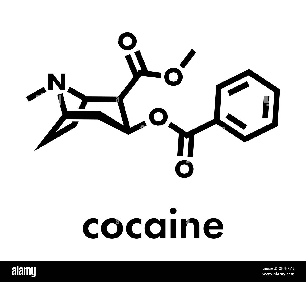 La cocaina droga stimolante molecola. Usato come sale o come base libera (crack, freebase). Formula di scheletro. Illustrazione Vettoriale
