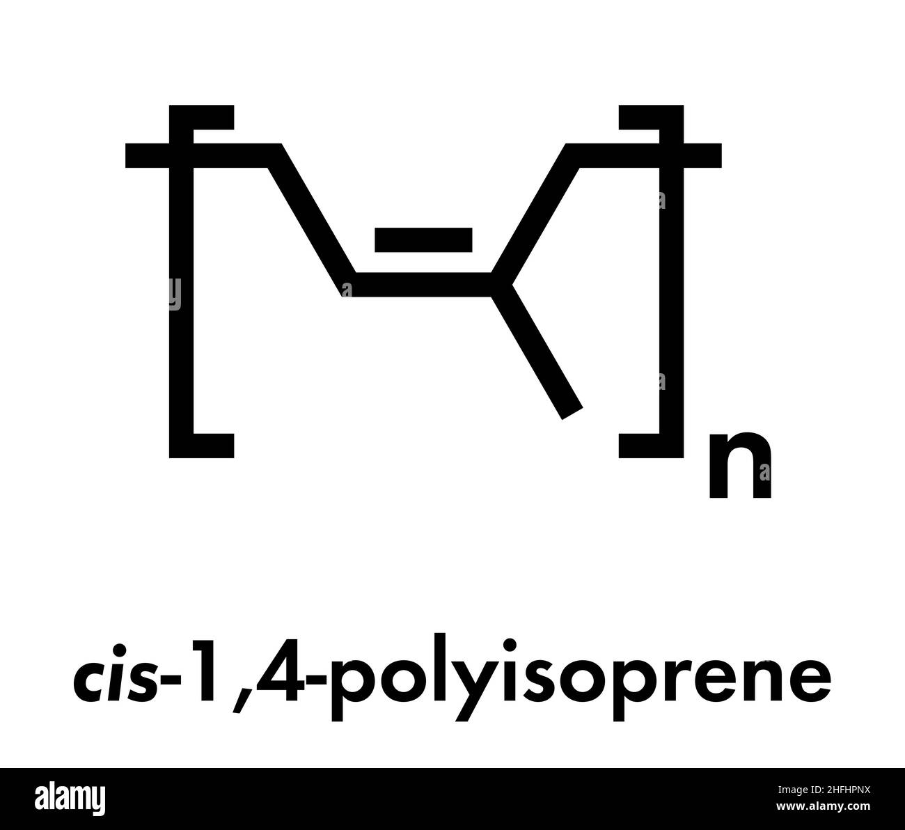 Gomma naturale di cis-1,4-poliisoprene), struttura chimica. Utilizzato per la fabbricazione di chirurghi' guanti, preservativi, stivali, pneumatici per auto, ecc. Formula di scheletro. Illustrazione Vettoriale