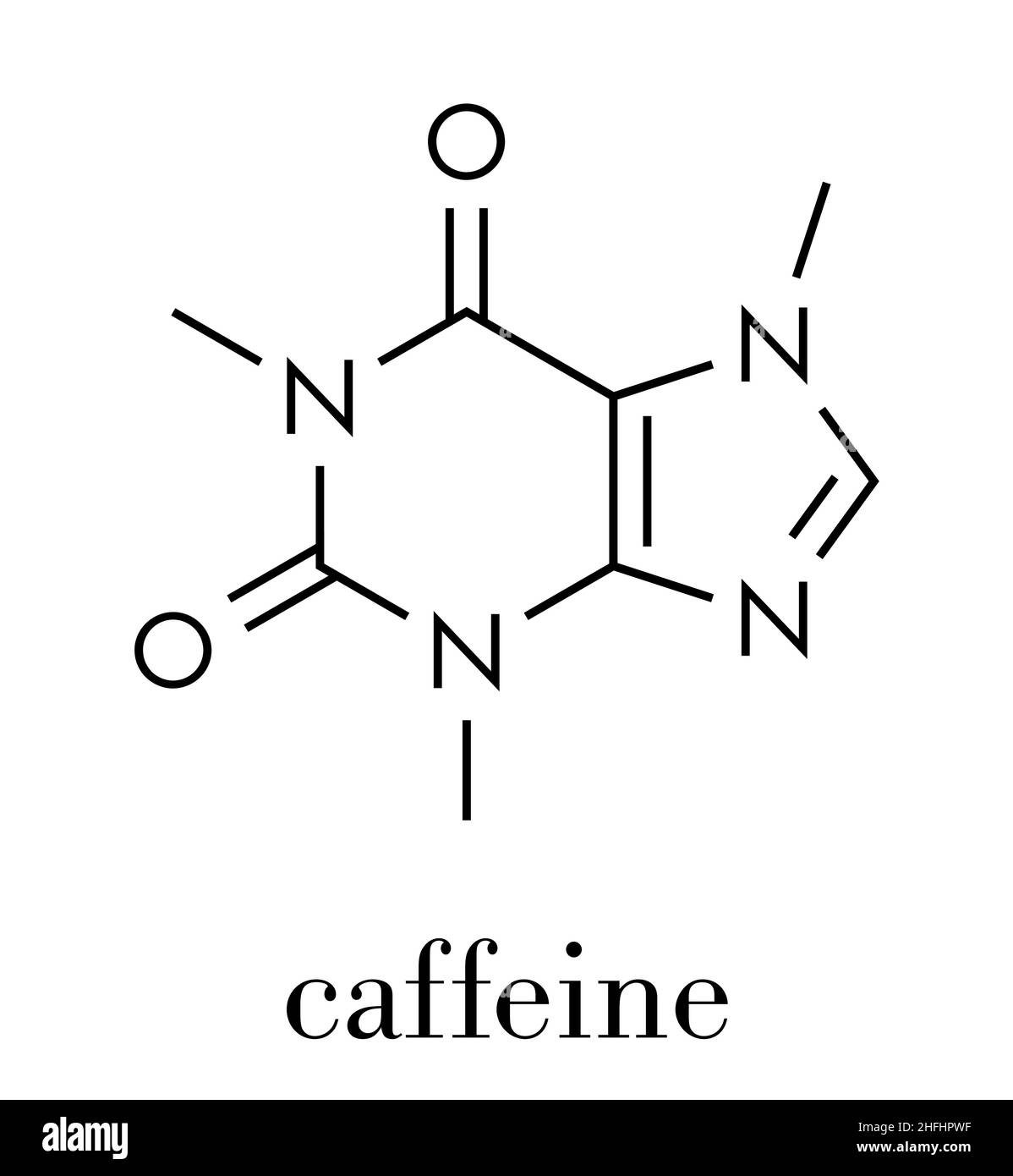Molecola stimolante la caffeina. Presente in caffè, tè e molte bevande analcoliche ed energetiche. Formula scheletrica. Illustrazione Vettoriale