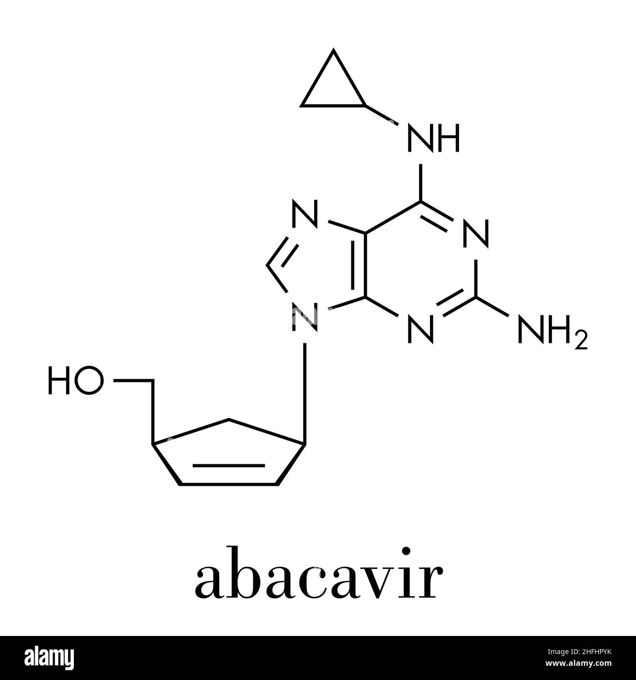 Abacavir (ABC) inibitore della transcriptasi inversa. Usato nel trattamento dell'infezione da HIV e dell'AIDS. Formula scheletrica. Illustrazione Vettoriale