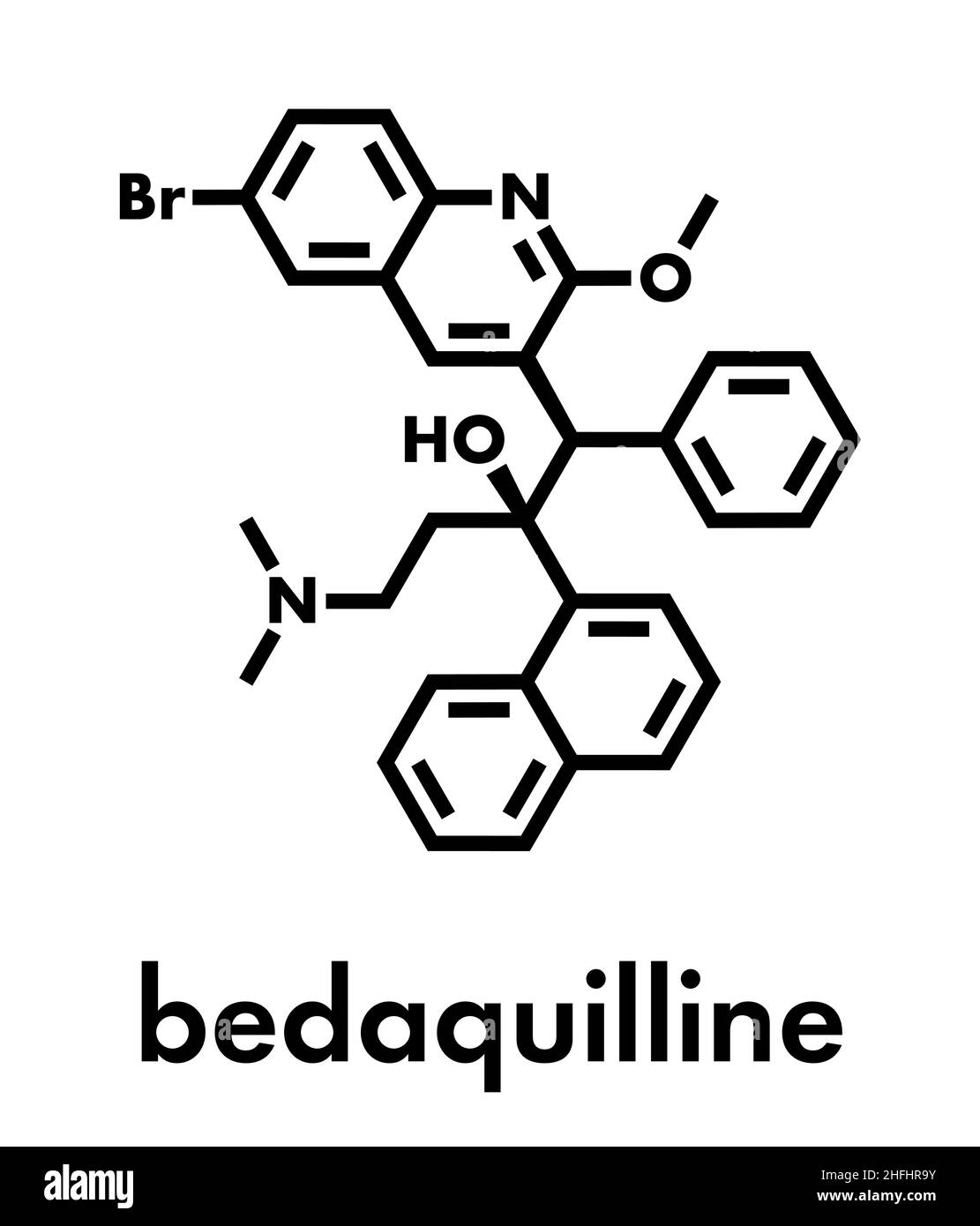 Bedaquilina tubercolosi droga. Diarilchinolina antibatterico utilizzato nel trattamento delle infezioni da micobatterio tuberculosis. Formula scheletrica. Illustrazione Vettoriale