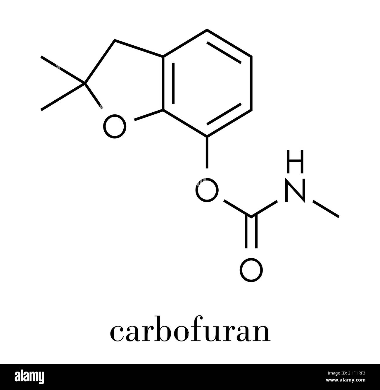 Molecola di pesticida carbammato di carbofuran. Insetticida che è anche altamente tossico per gli esseri umani e la fauna selvatica. Formula scheletrica. Illustrazione Vettoriale