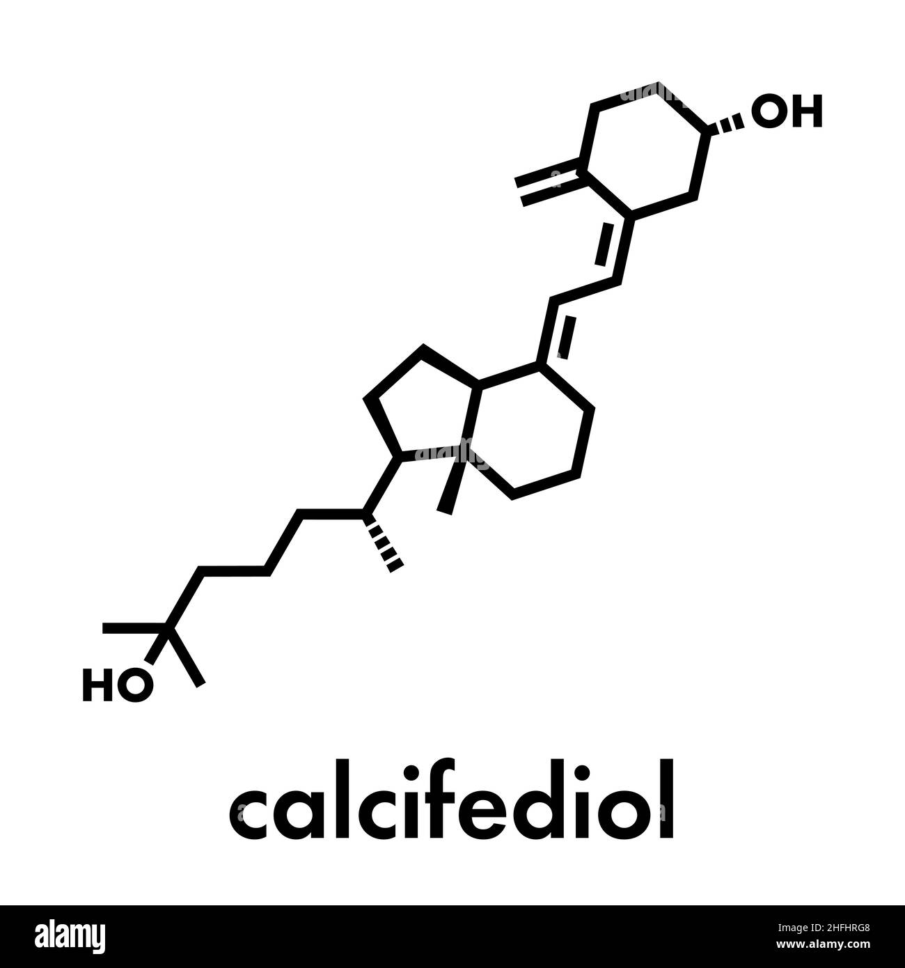 Calcifediol (calcidiol, 25-idrossivitamina D) molecola. Marcatore di sangue della condizione della vitamina D. Formula di scheletro. Illustrazione Vettoriale