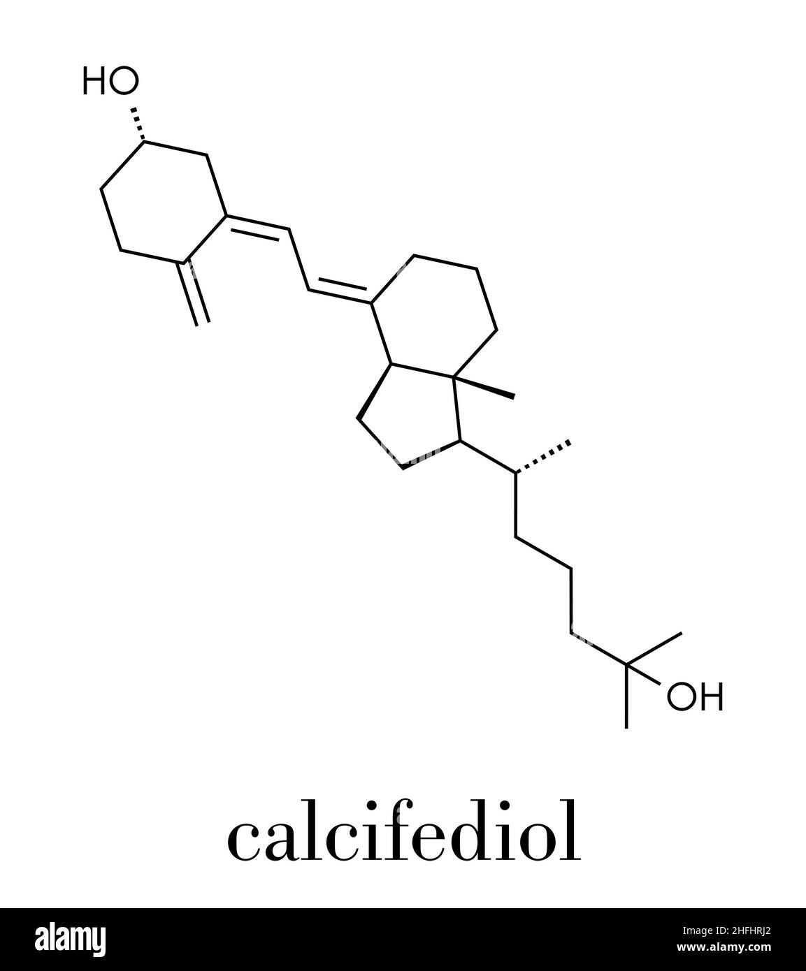 Calcifediol (calcidiol, 25-idrossivitamina D) molecola. Marcatore di sangue della condizione della vitamina D. Formula di scheletro. Illustrazione Vettoriale