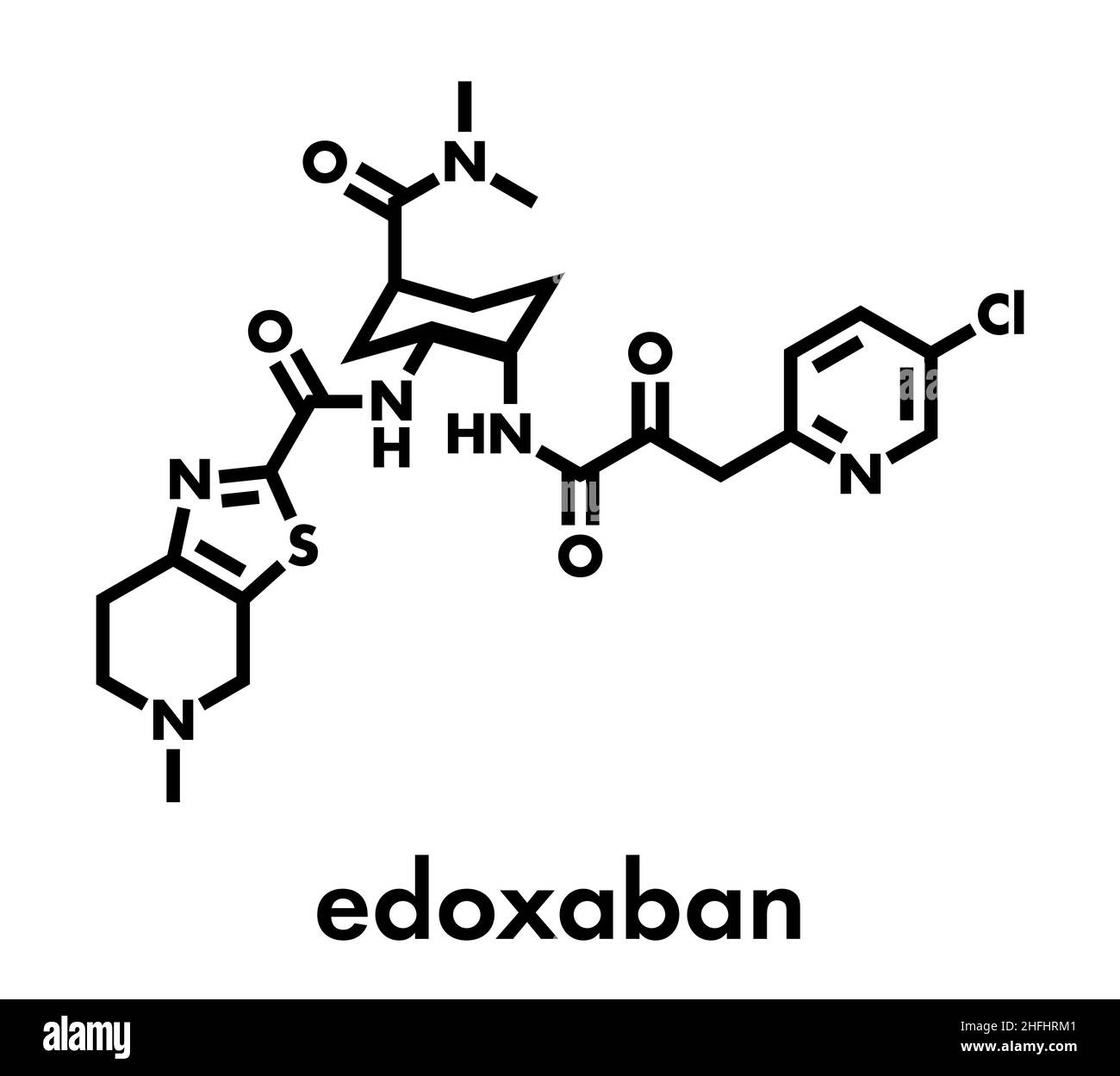 Molecola di farmaco anticoagulante Edoxaban (inibitore diretto di FXa). Formula scheletrica. Illustrazione Vettoriale