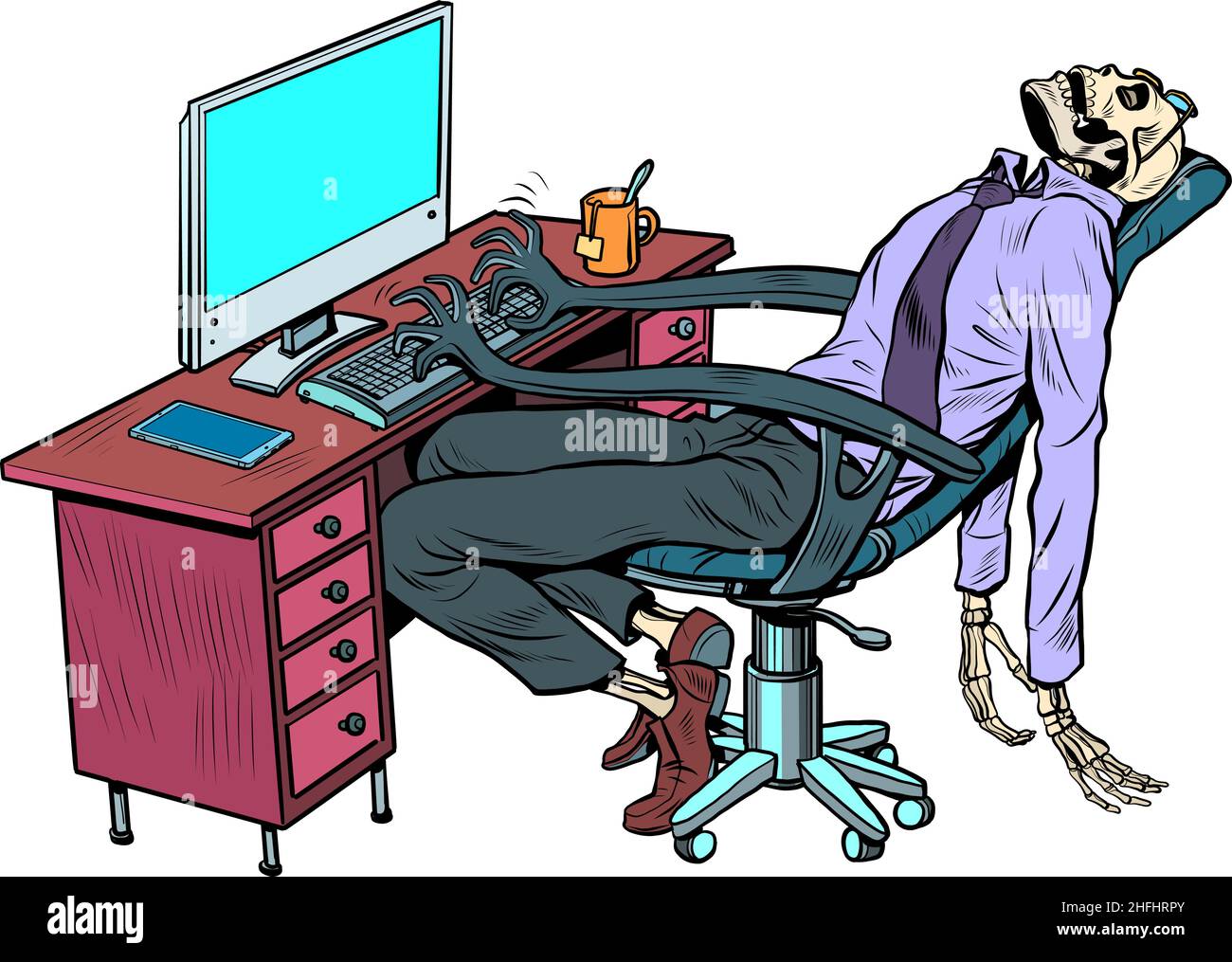 L'uomo d'affari è morto in ufficio, ma la sedia robot continua a lavorare per lui sul computer Illustrazione Vettoriale