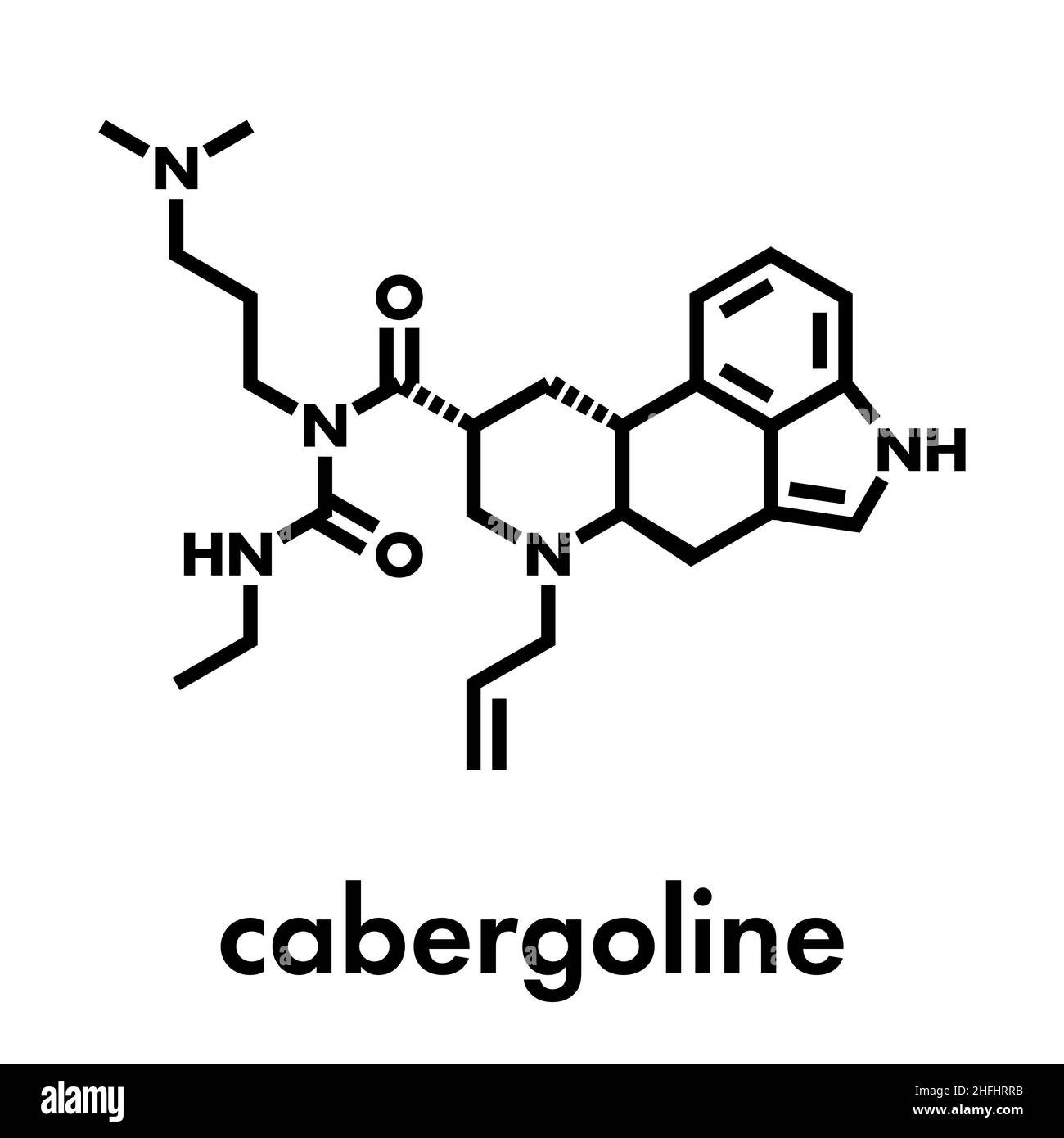 Cabergoline molecola di farmaco. Usato nel morbo di Parkinson e di altre condizioni di malattia. Formula di scheletro. Illustrazione Vettoriale